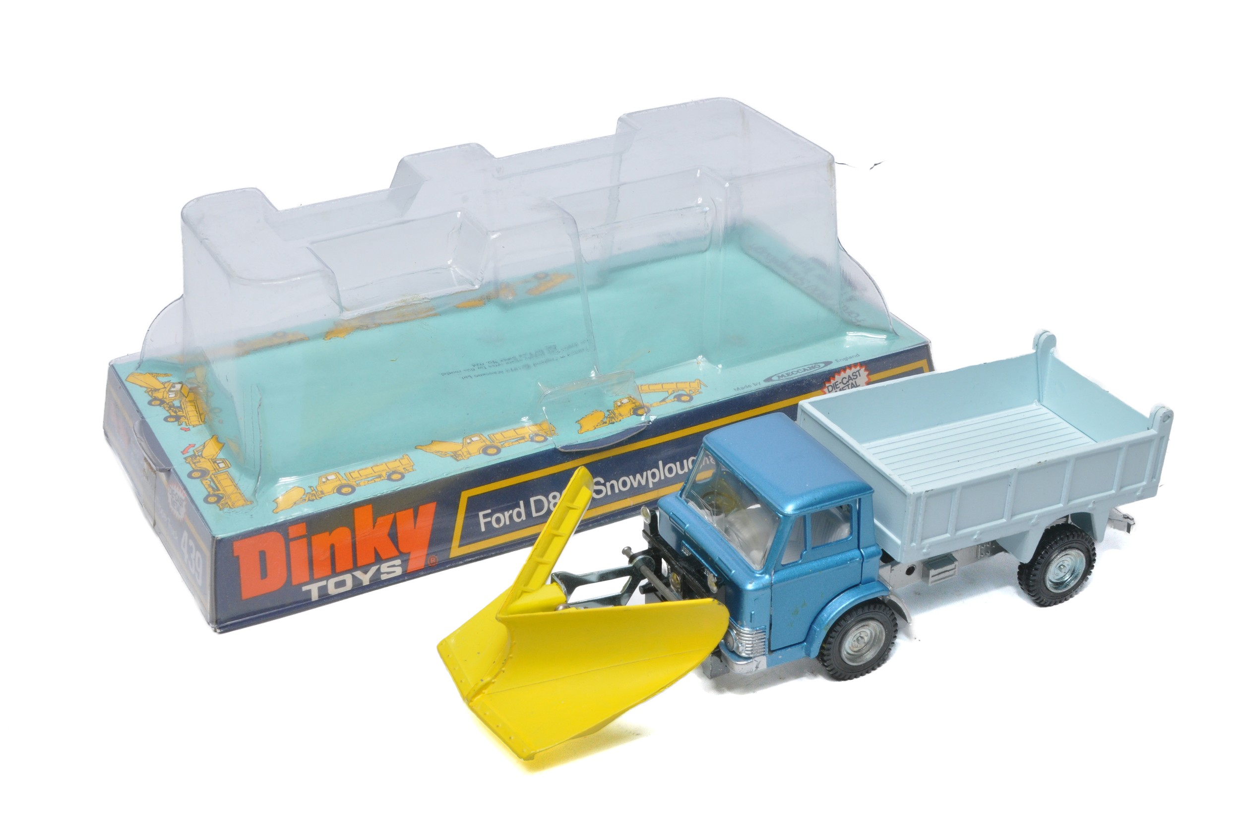 Dinky No. 439 Ford D800 Snowplough and Tipper Truck. Metallic blue cab with pale blue back.