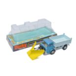 Dinky No. 439 Ford D800 Snowplough and Tipper Truck. Metallic blue cab with pale blue back.
