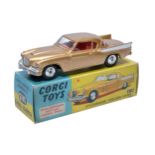 Corgi No. 211S Studebaker Golden Hawk. Gold / white flash with red interior. Spun hubs. Generally