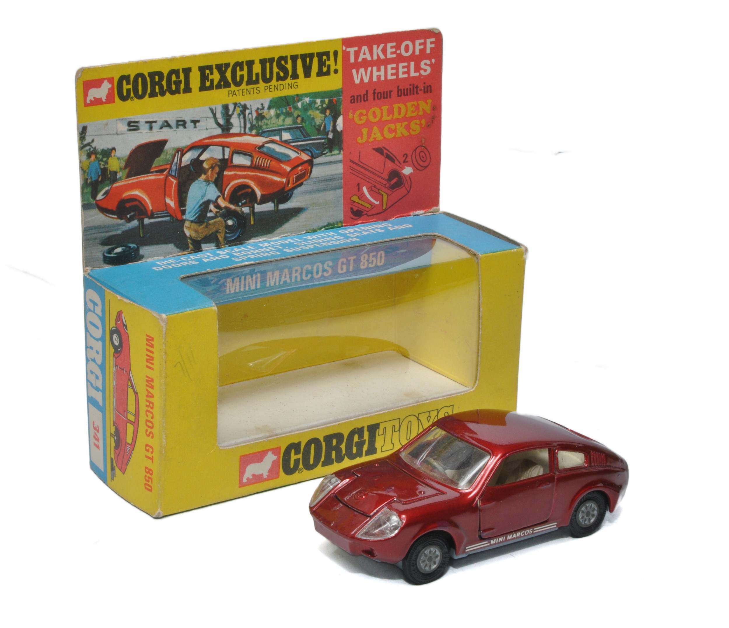 Corgi No. 341 Mini Marcos GT850. Metallic maroon with white interior. Cast hubs. Displays very good,