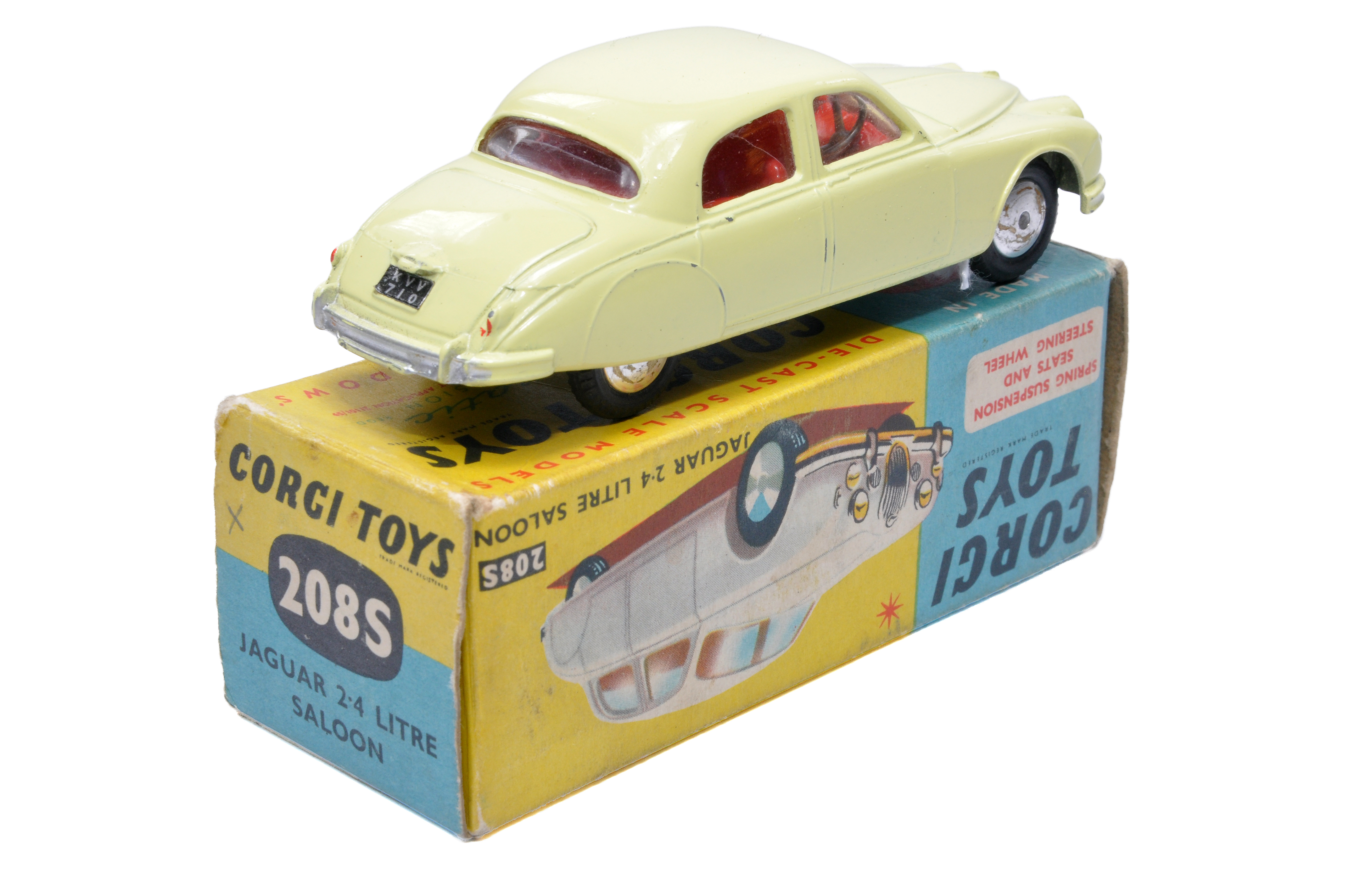 Corgi No. 208S Jaguar 2.4L Saloon. Pale yellow with red interior. Flat spun hubs. Generally displays - Image 2 of 2