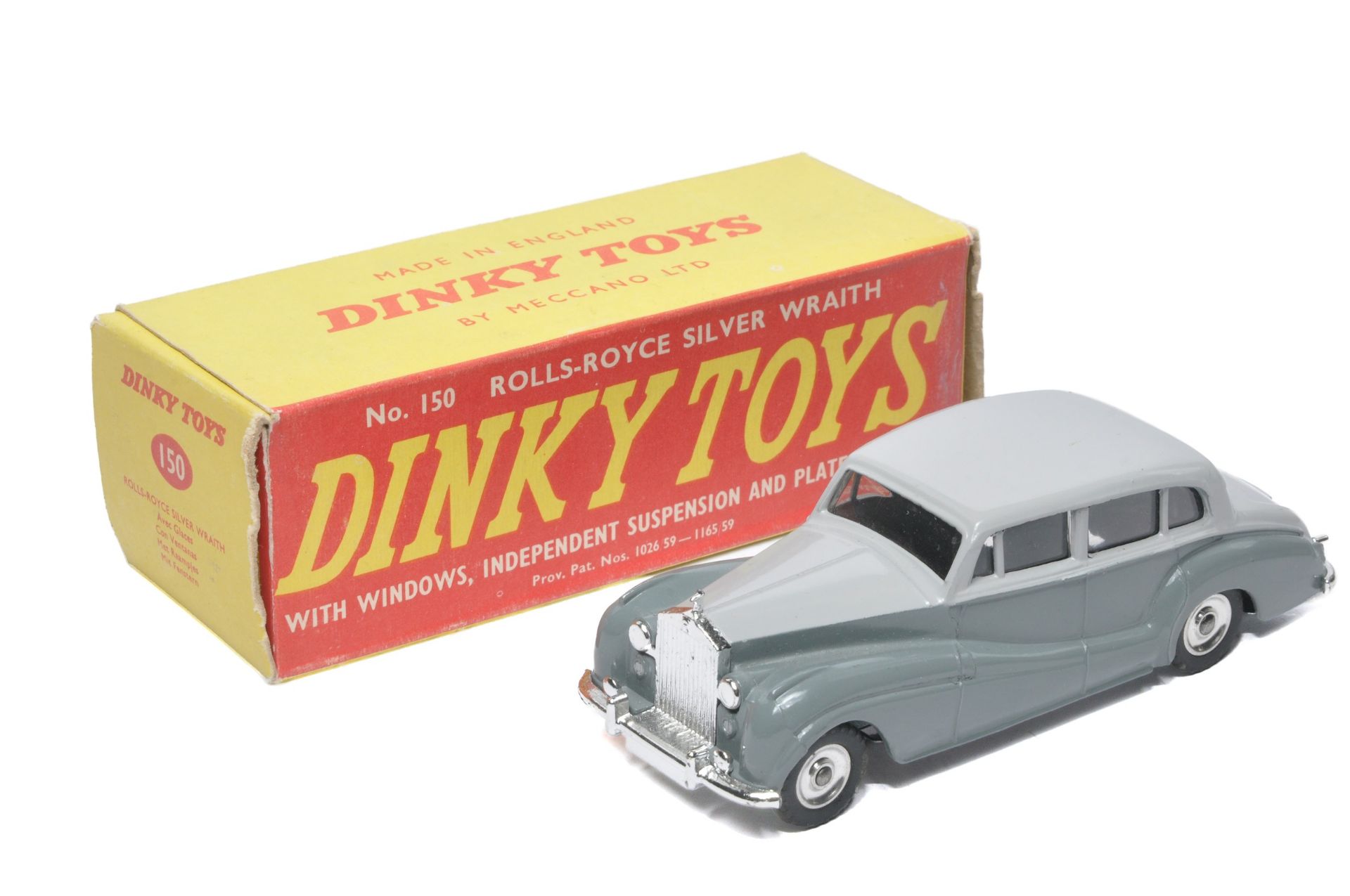 Dinky No. 150 Rolls Royce Silver Wraith. Two tone grey, spun hubs. Displays generally excellent with