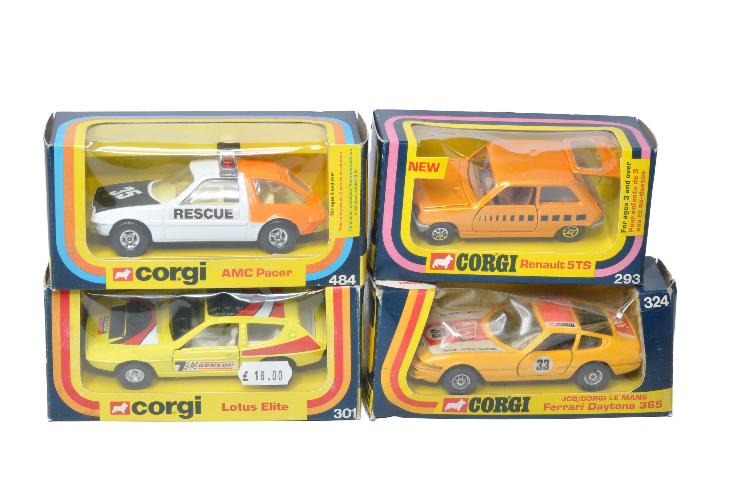 Corgi group of four diecast cars as shown including Renault 5TS, JCB Ferrari Daytona, Lotus Elite