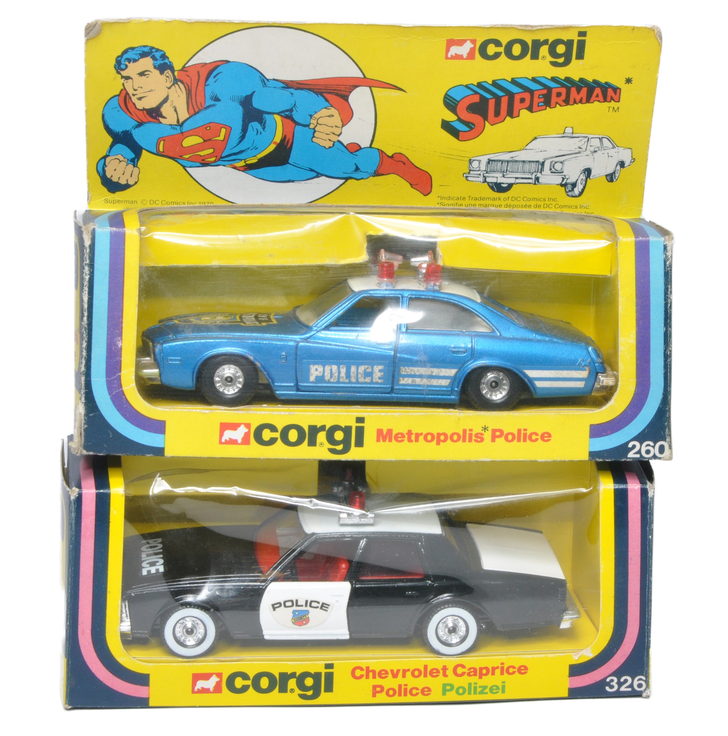 Corgi duo of police cars comprising No. 260 Superman plus 326 Chevrolet Caprice. Good and