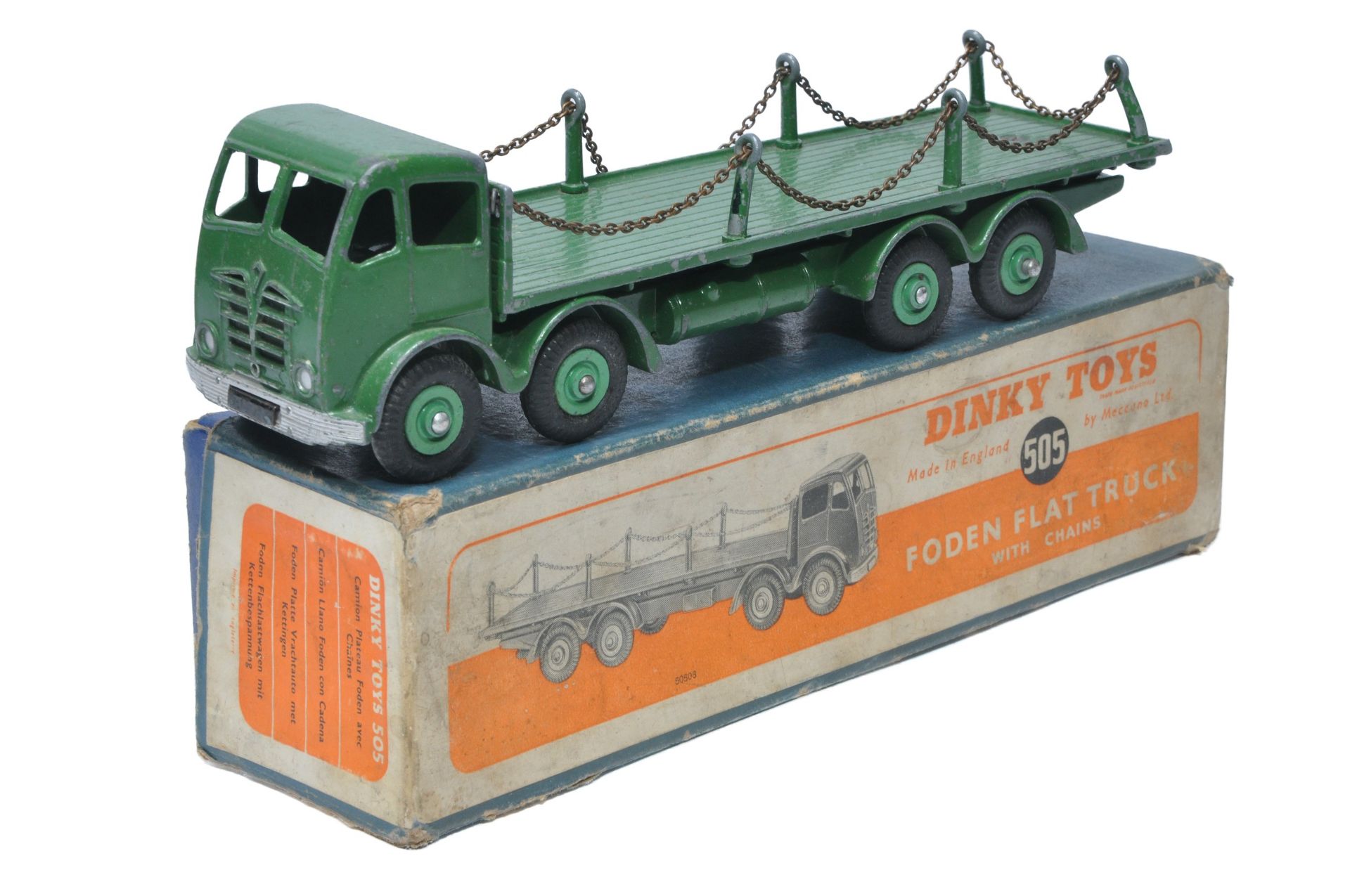 Dinky No. 505 Foden Flat Truck with chains. Green. Fair to good, in fair box.