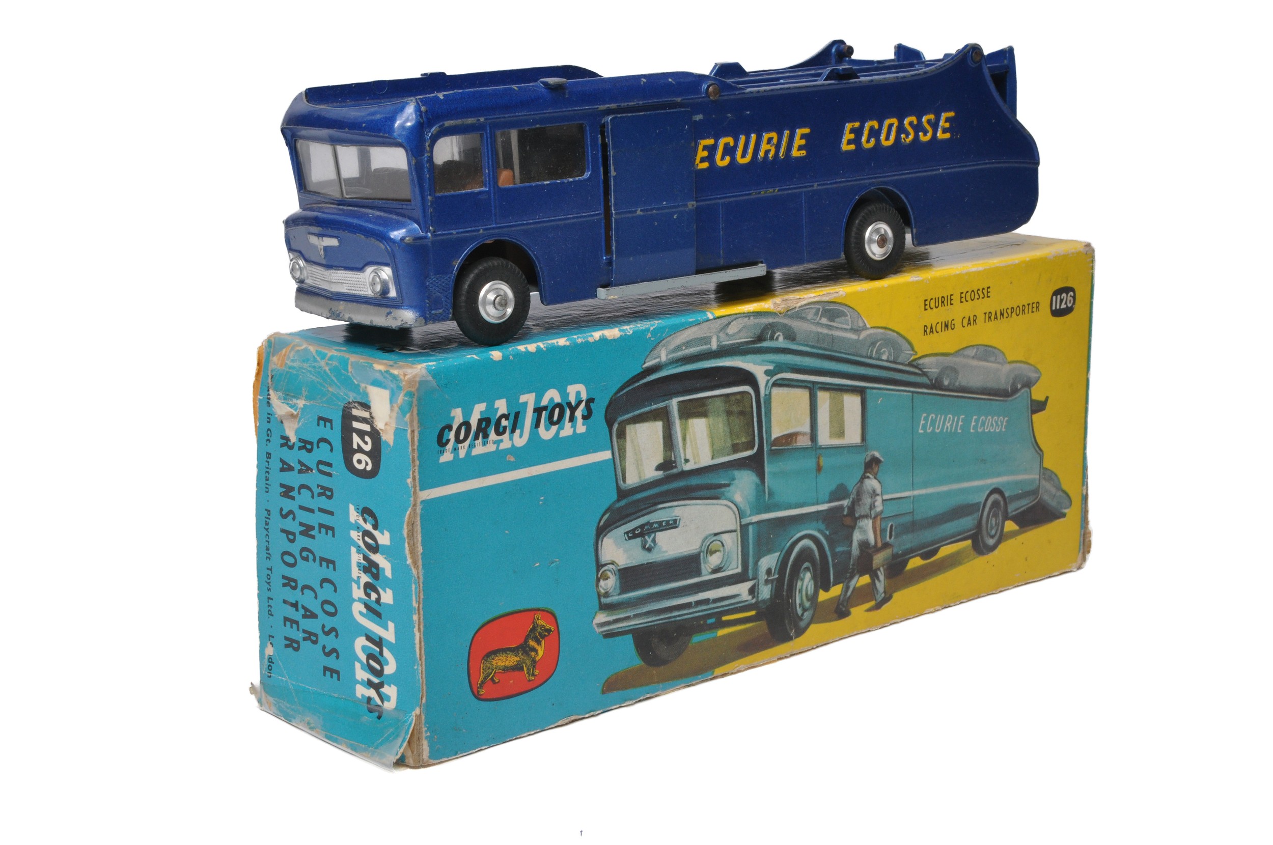 Corgi No. 1126 Ecurie Ecosse Racing Car Transporter. Dark Blue, gold lettering. Spun hubs. Generally