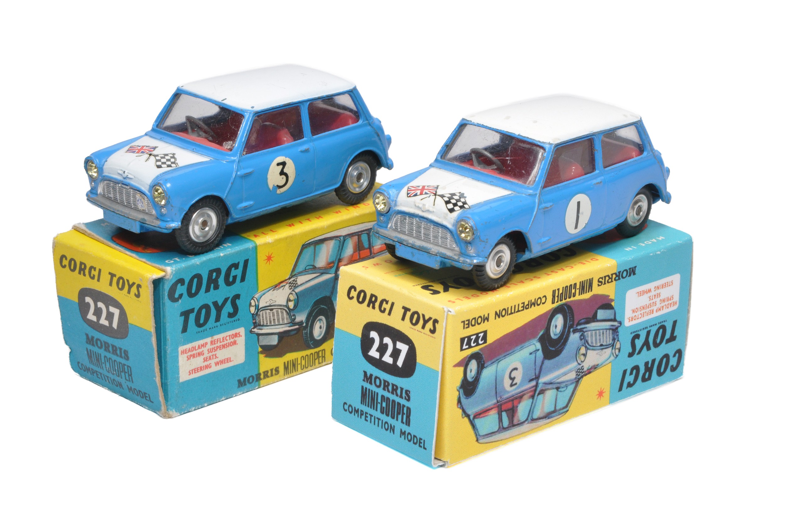 Corgi duo of No. 227 Morris Mini Cooper Competition Model. Both display generally good to very good.