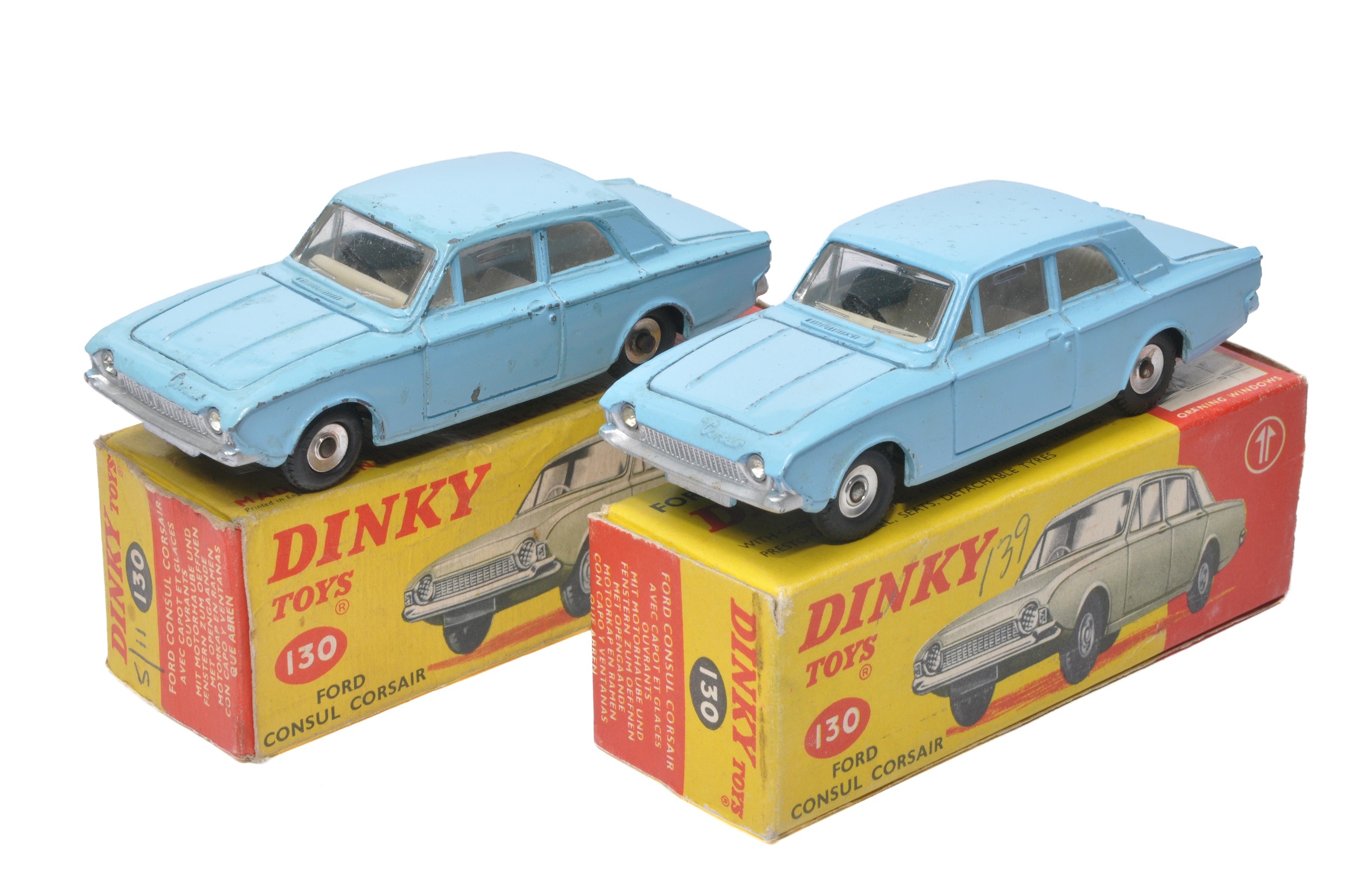 Dinky No. 130 Ford Consul Corsair Saloon x 2. Light blue with white interior. Spun Hubs. One