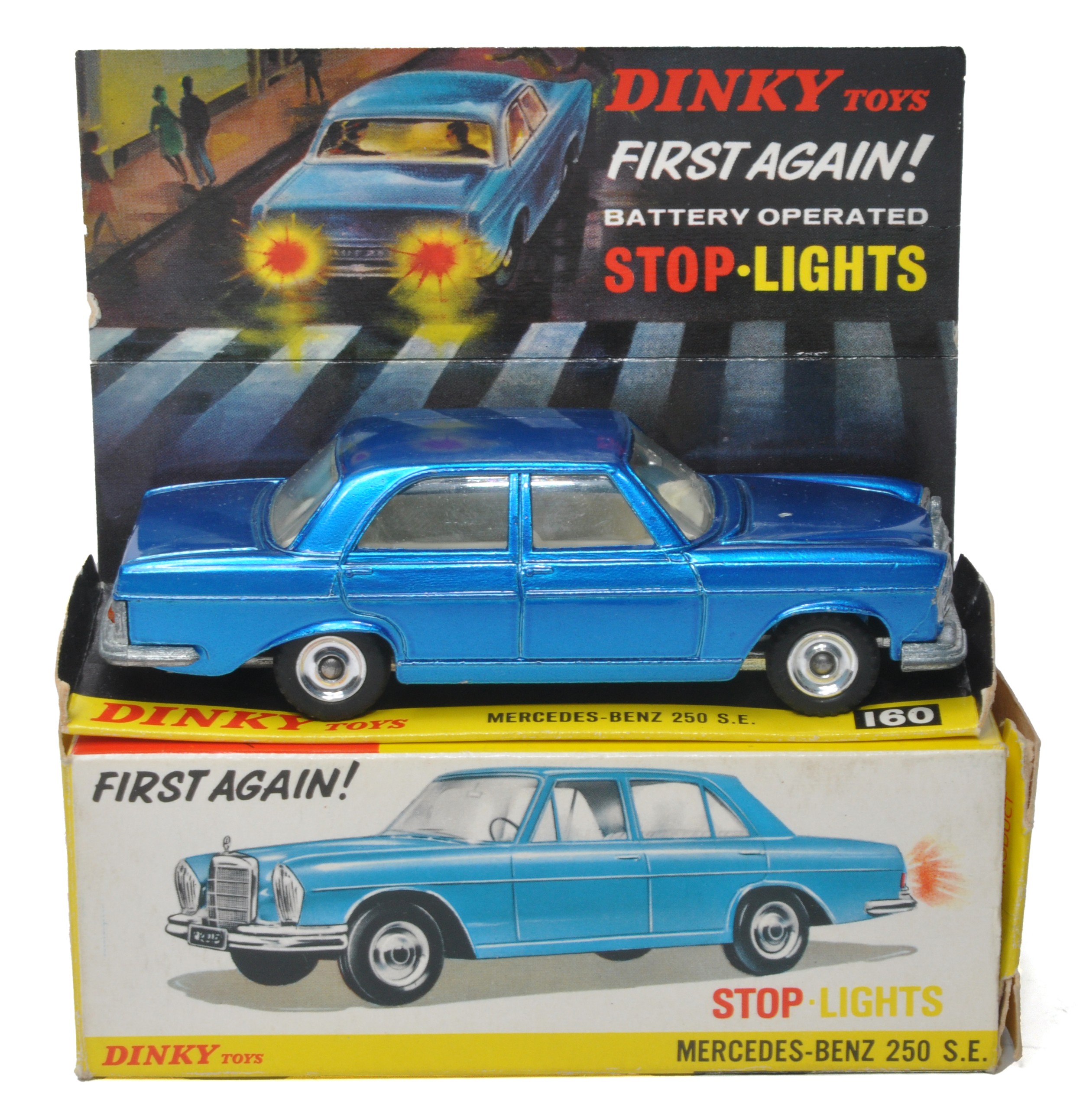 Dinky No. 160 Mercedes Benz 250SE. Metallic blue with white interior, spun hubs. Displays good to