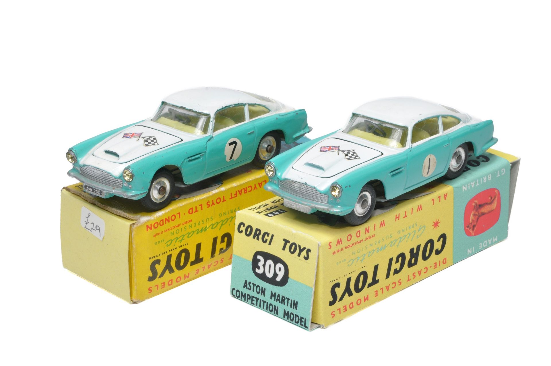 Corgi No. 309 duo of Aston Martin Competition Model issues (RN variations as shown). Both