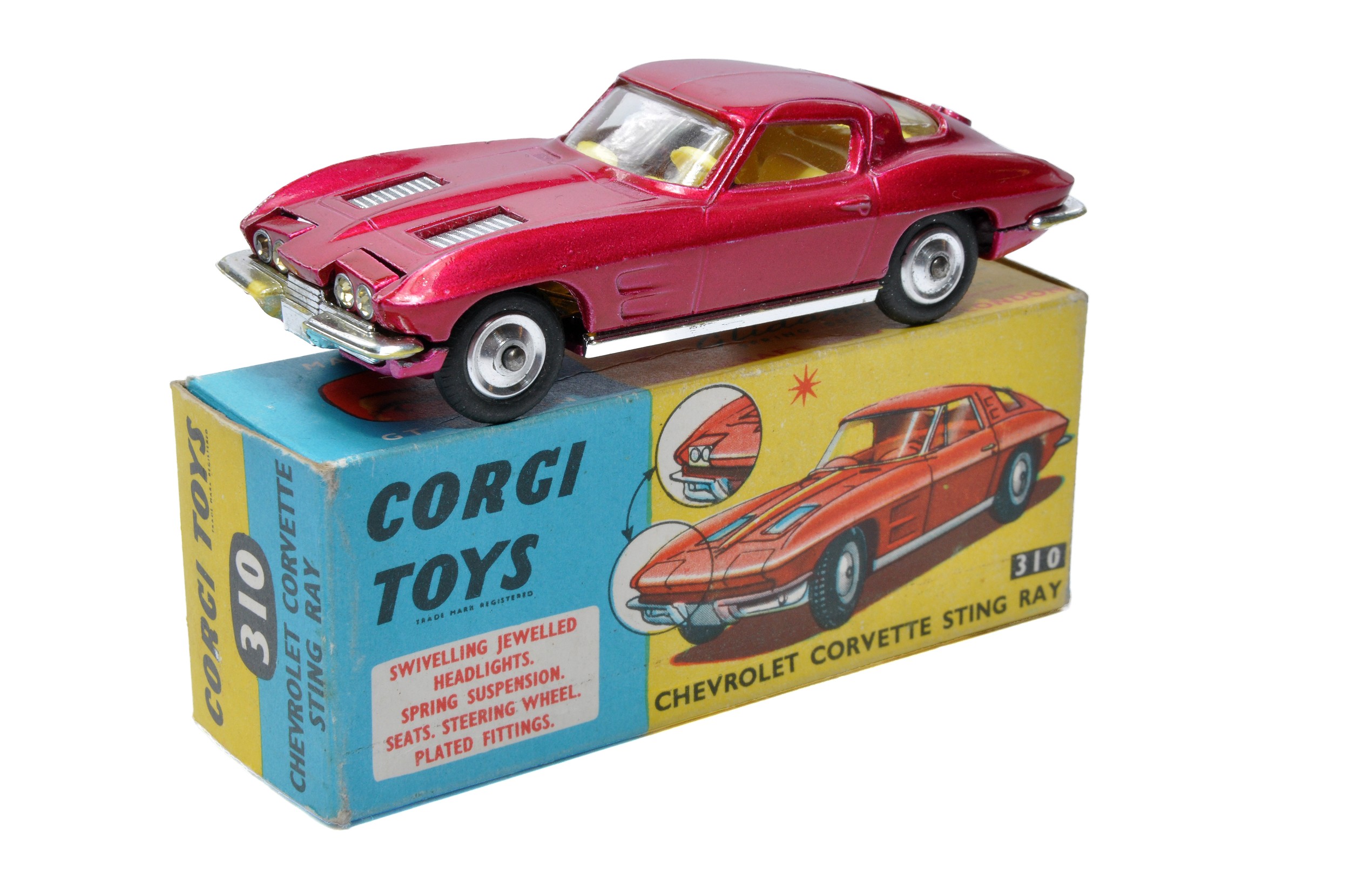 Corgi No. 310 Chevrolet Corvette Sting Ray. Cerise Pink with Lemon interior. Spun Hubs. Generally