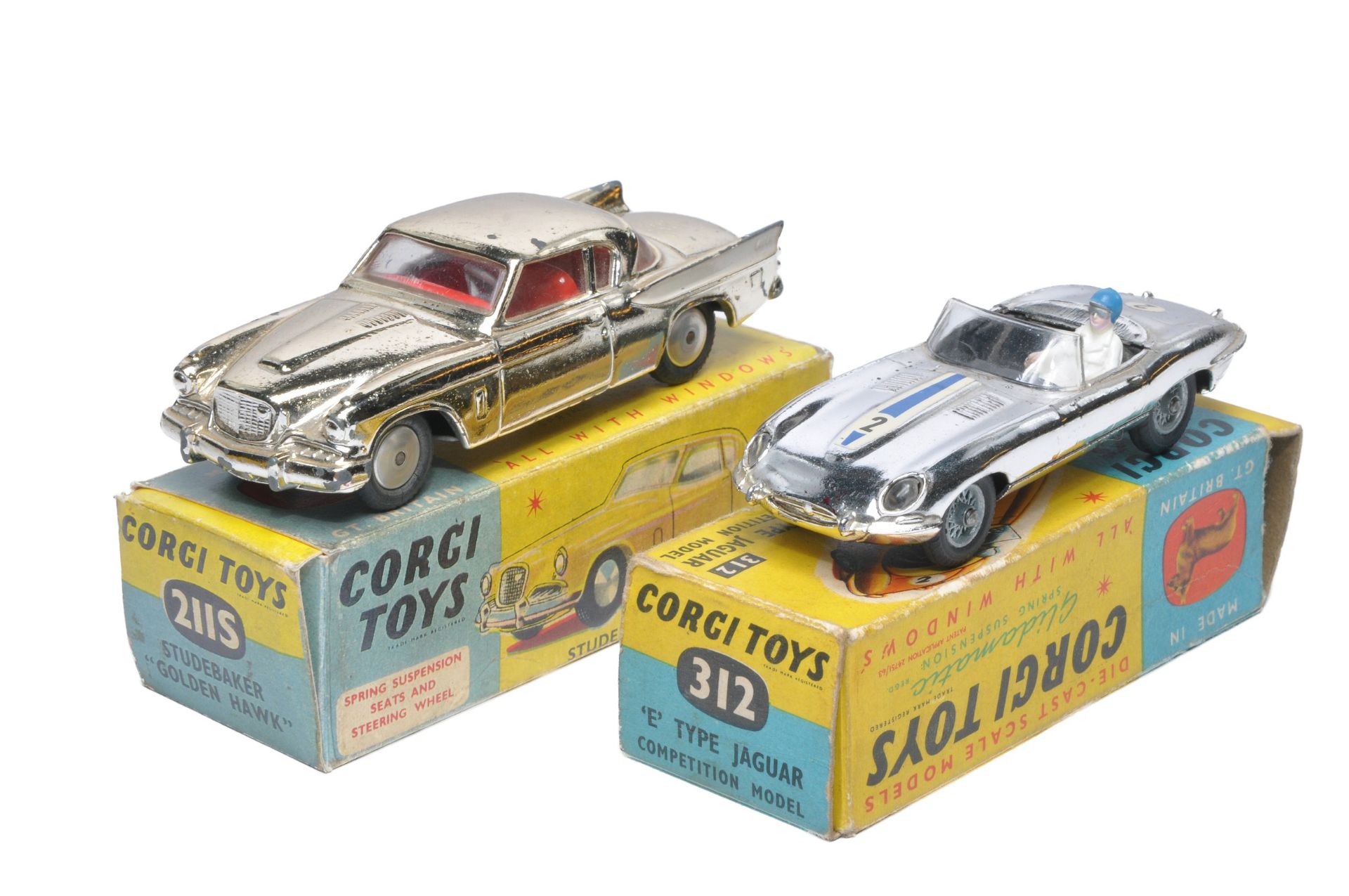 Corgi duo of No. 211S Studebaker Golden Hawk plus No. 312 Jaguar E Type Competition Model. Both