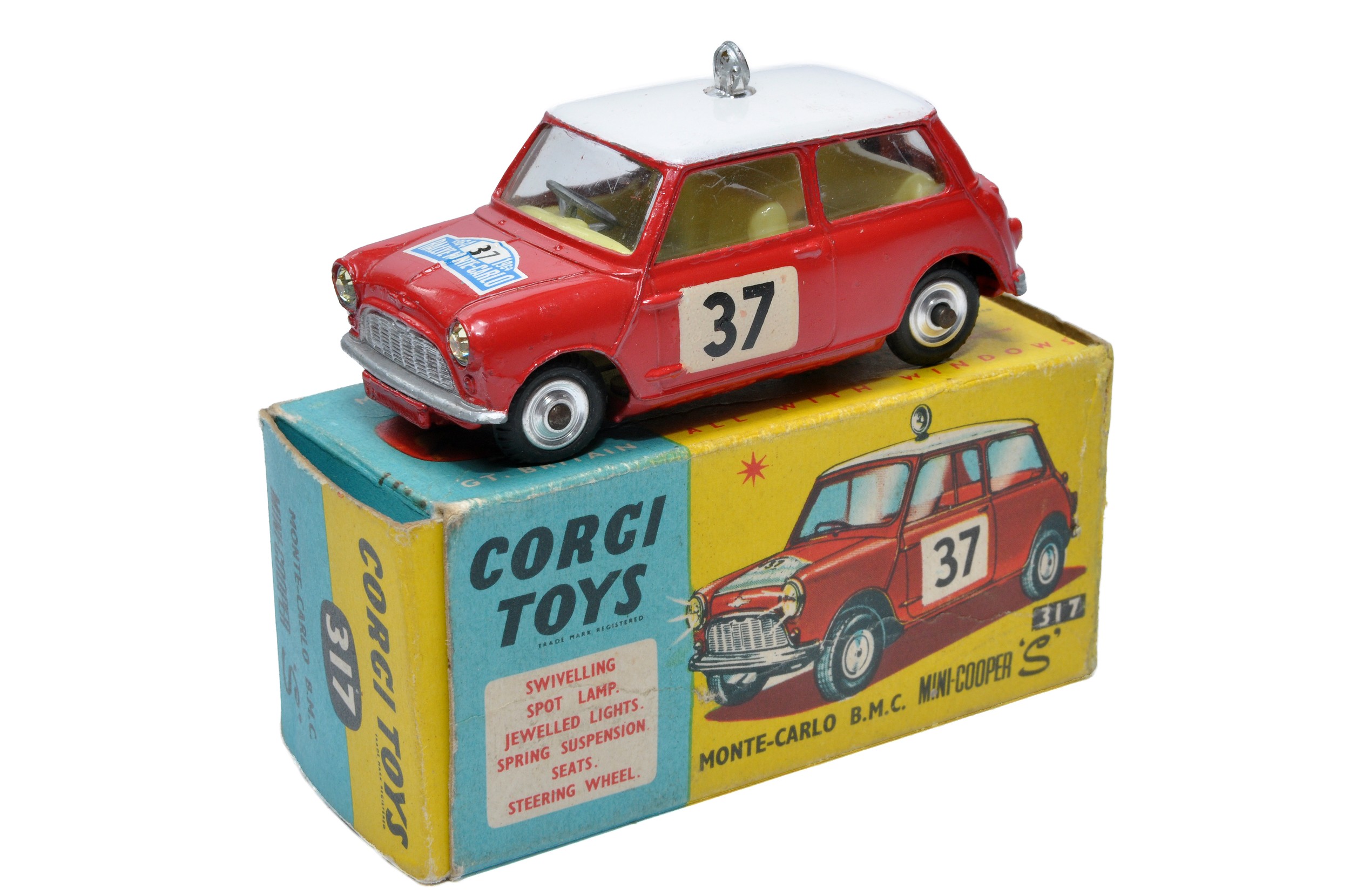 Corgi No. 317 Monte Carlo BMC Mini Cooper S. Red / White with lemon interior. Spun Hubs. Generally