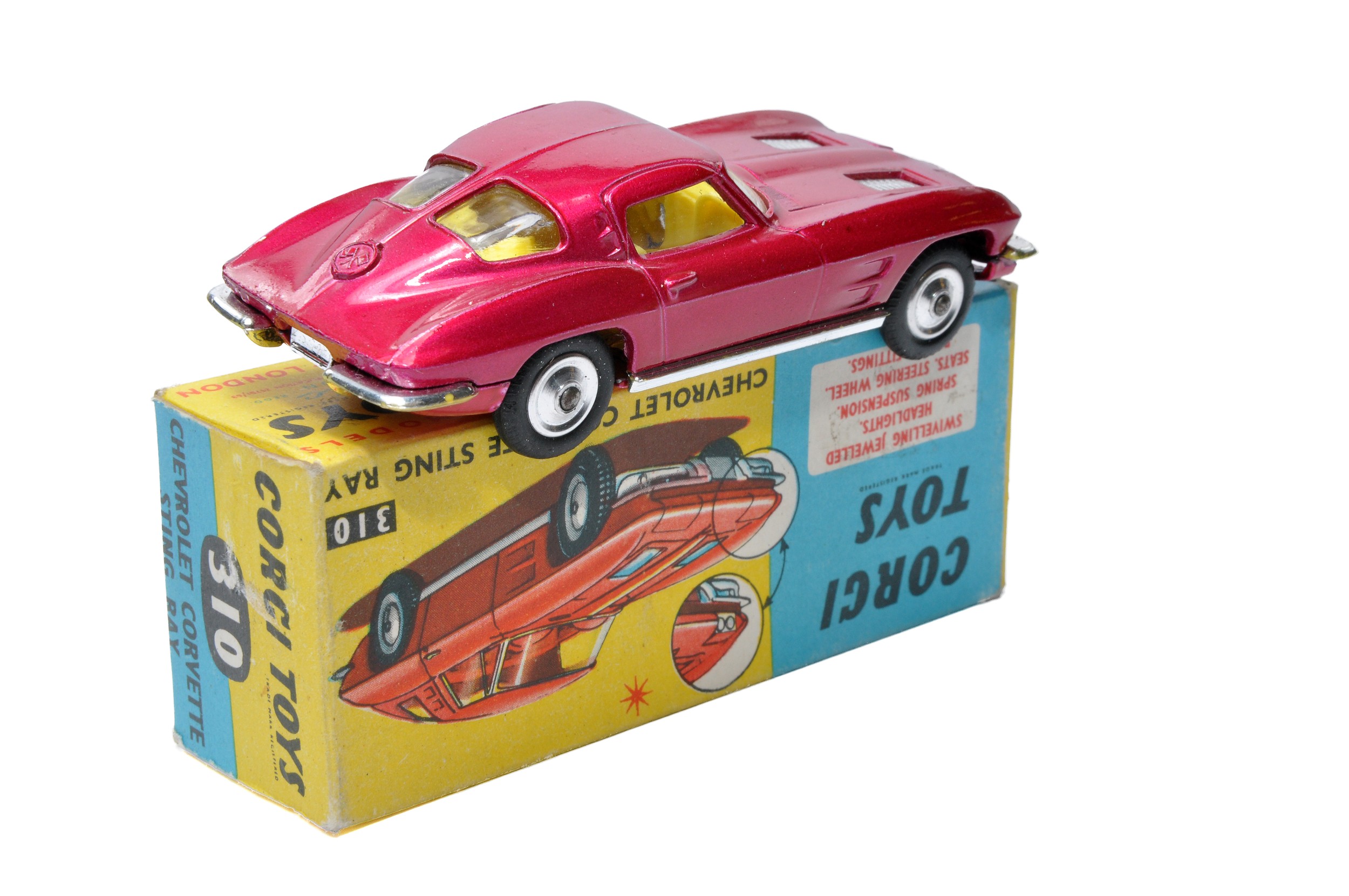 Corgi No. 310 Chevrolet Corvette Sting Ray. Cerise Pink with Lemon interior. Spun Hubs. Generally - Image 2 of 2