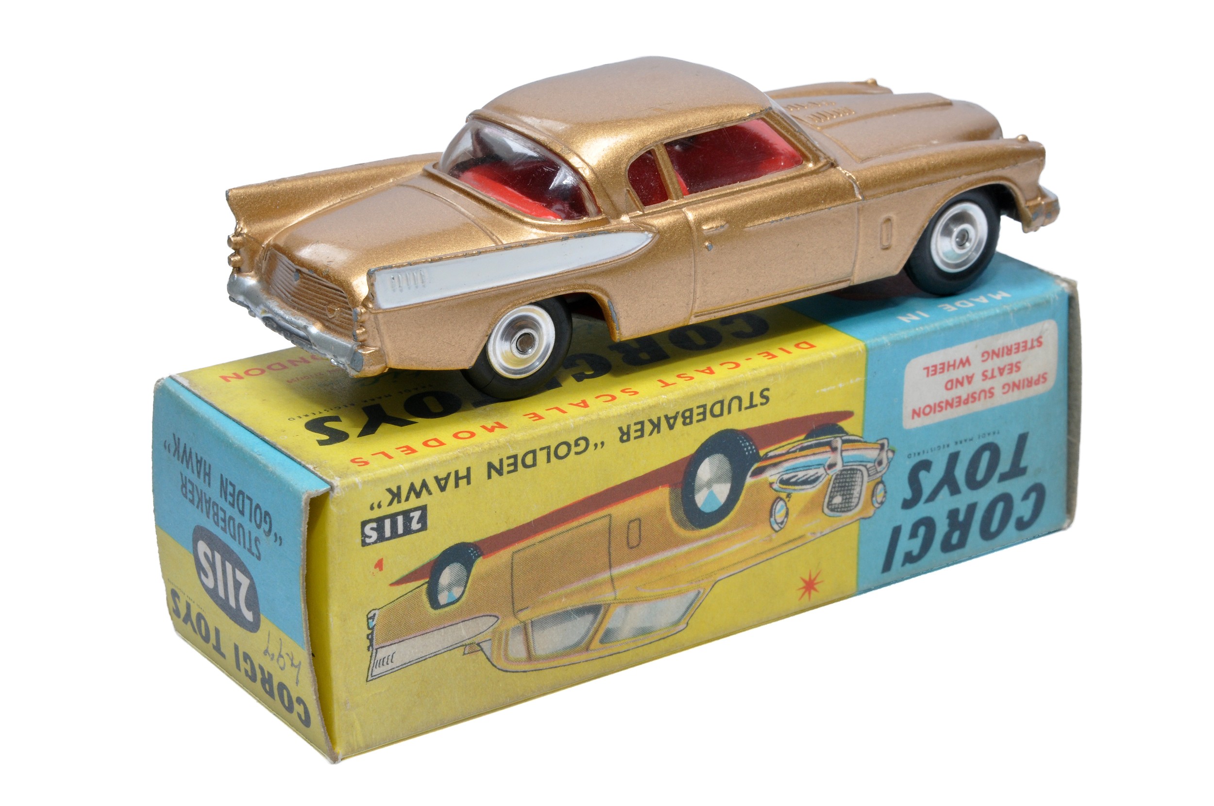 Corgi No. 211S Studebaker Golden Hawk. Gold / white flash with red interior. Spun hubs. Generally - Image 2 of 2