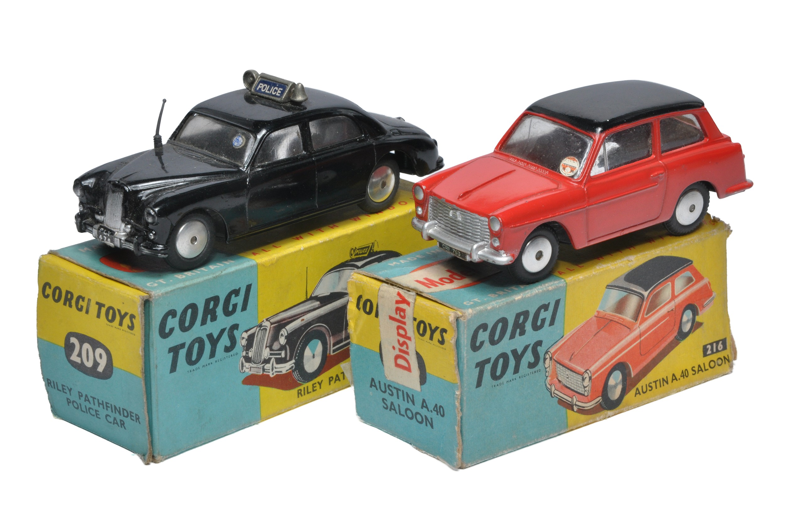 Corgi duo of No. 216 Austin A40 (non mechanical) plus no. 209 Riley Pathfinder Police Car. Both