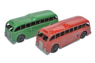 Duo of playworn Mettoy Cast-toy mechanical bus issues. Fair.