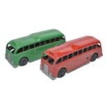 Duo of playworn Mettoy Cast-toy mechanical bus issues. Fair.