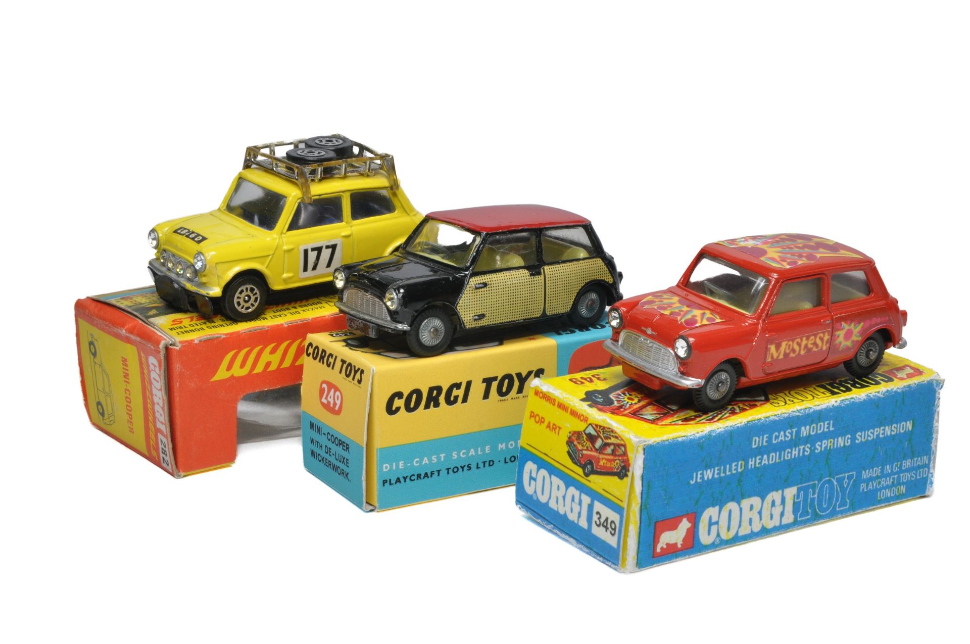 Corgi trio of No. 249 Mini Cooper Wickerwork plus No. 349 Morris Mini Minor Pop Art and No. 282