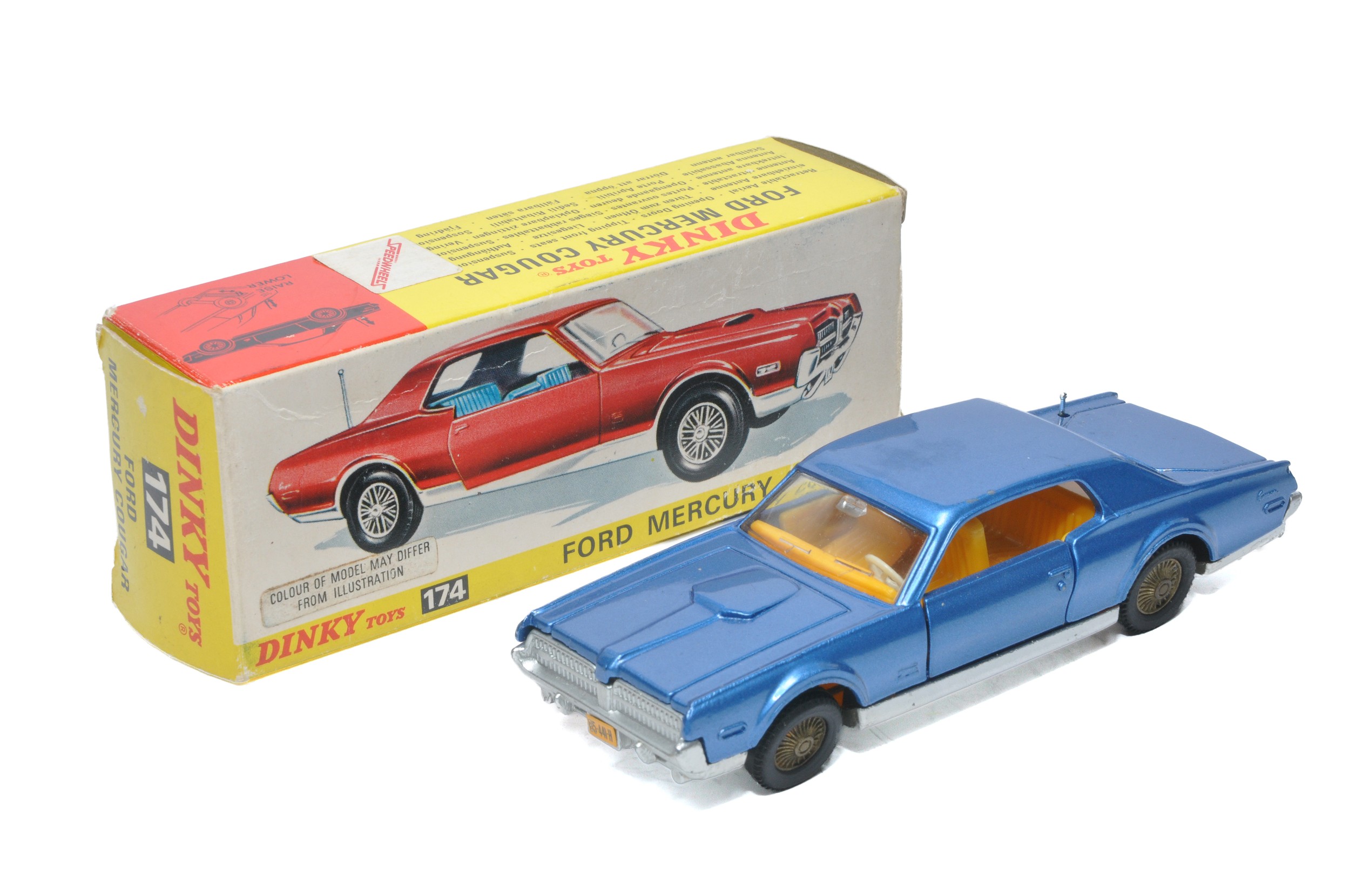 Dinky No. 174 Ford Mercury Cougar. Metallic blue, orange interior. Displays generally excellent with