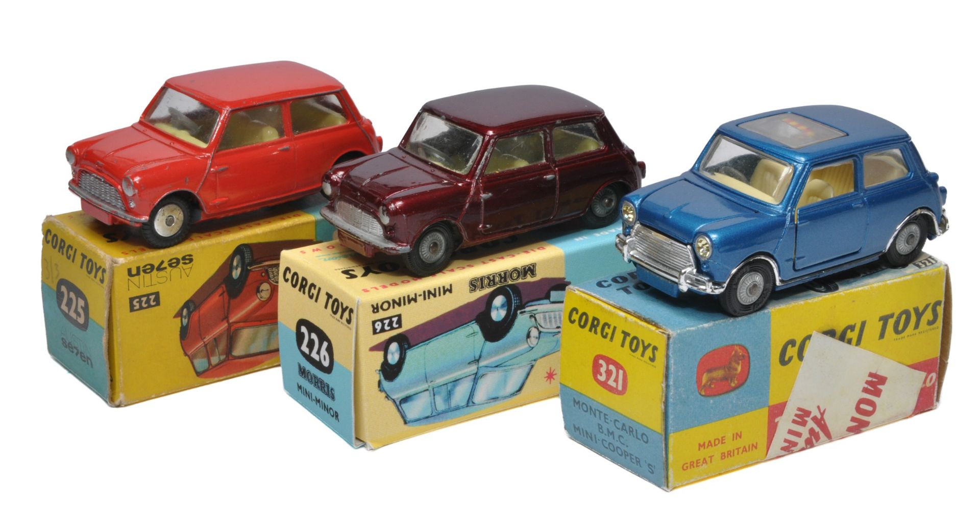 Corgi duo of No. 225 Austin 7 Mini plus No. 226 Morris Mini Minor and one other. All display