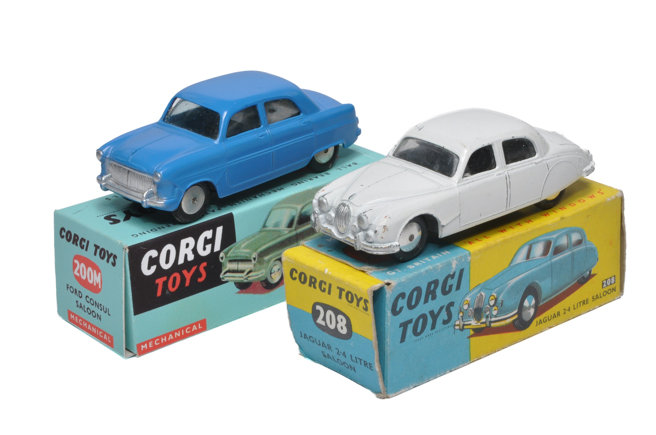 Corgi duo of No. 200M Ford Consul Saloon (restored?) plus No. 208 Jaguar 2.4L Saloon. Both display