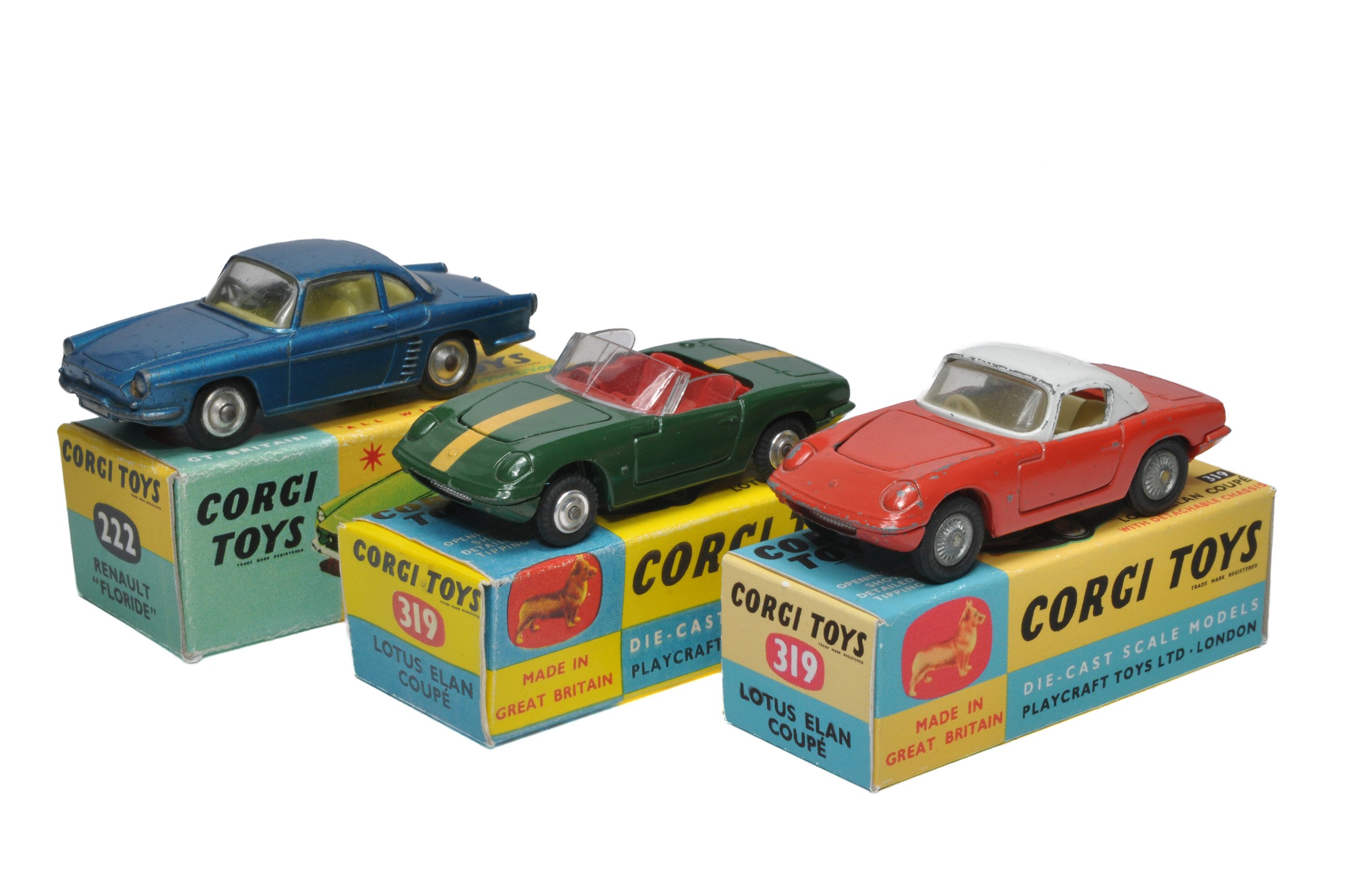 Corgi trio including No. 222 Renault Floride, No. 319 Lotus Elan x 2. Models display generally