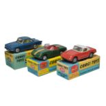 Corgi trio including No. 222 Renault Floride, No. 319 Lotus Elan x 2. Models display generally