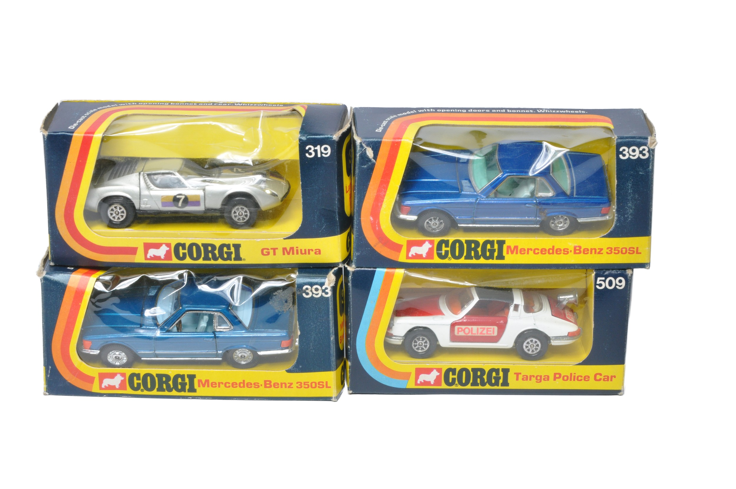 Corgi group of four diecast cars as shown including Lamborghini P400, Mercedes 350SL x 2 and Porsche