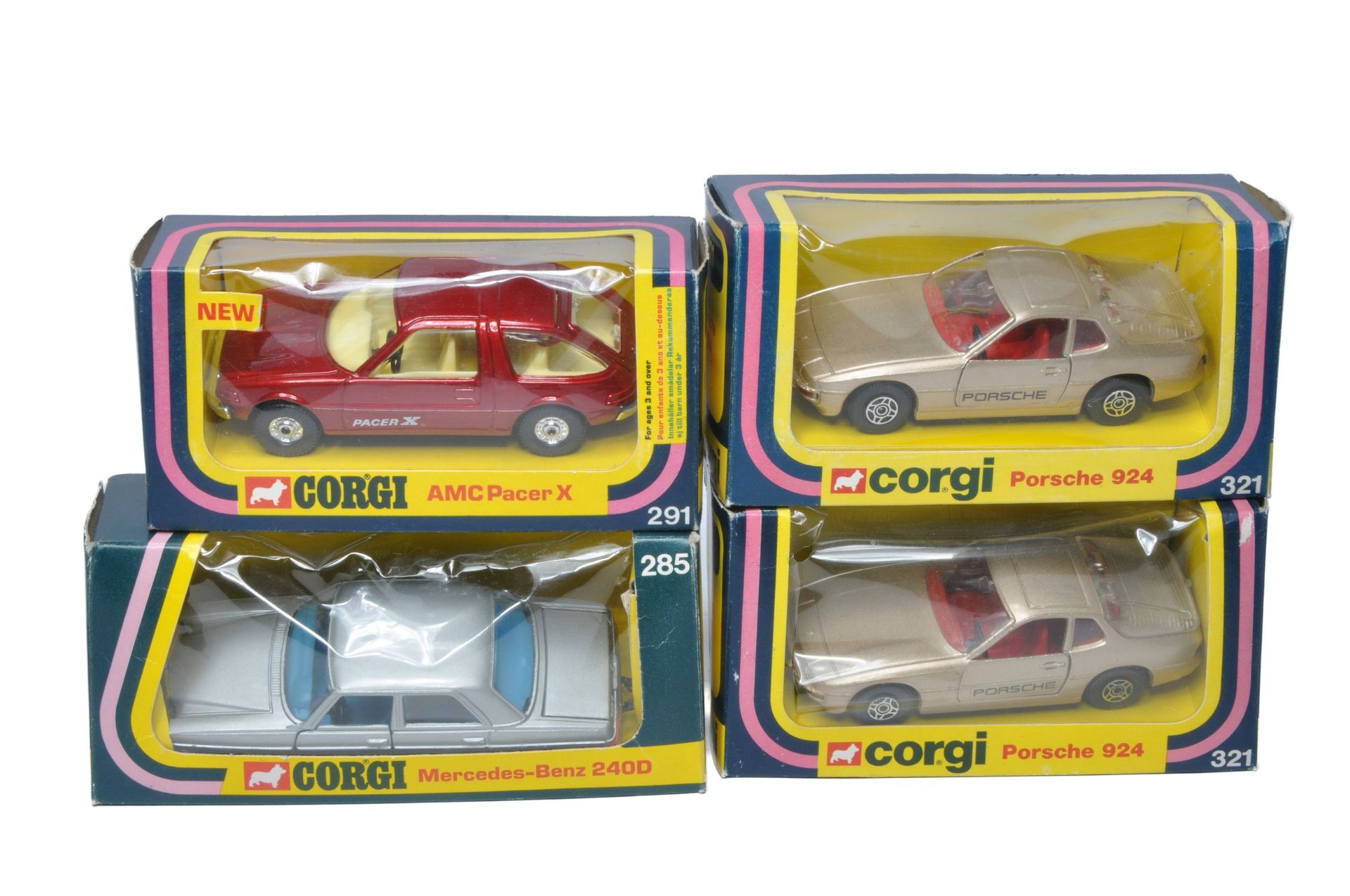 Corgi group of four diecast cars as shown including Porsche 924 x 2, Mercedes 240D and AMC Pacer