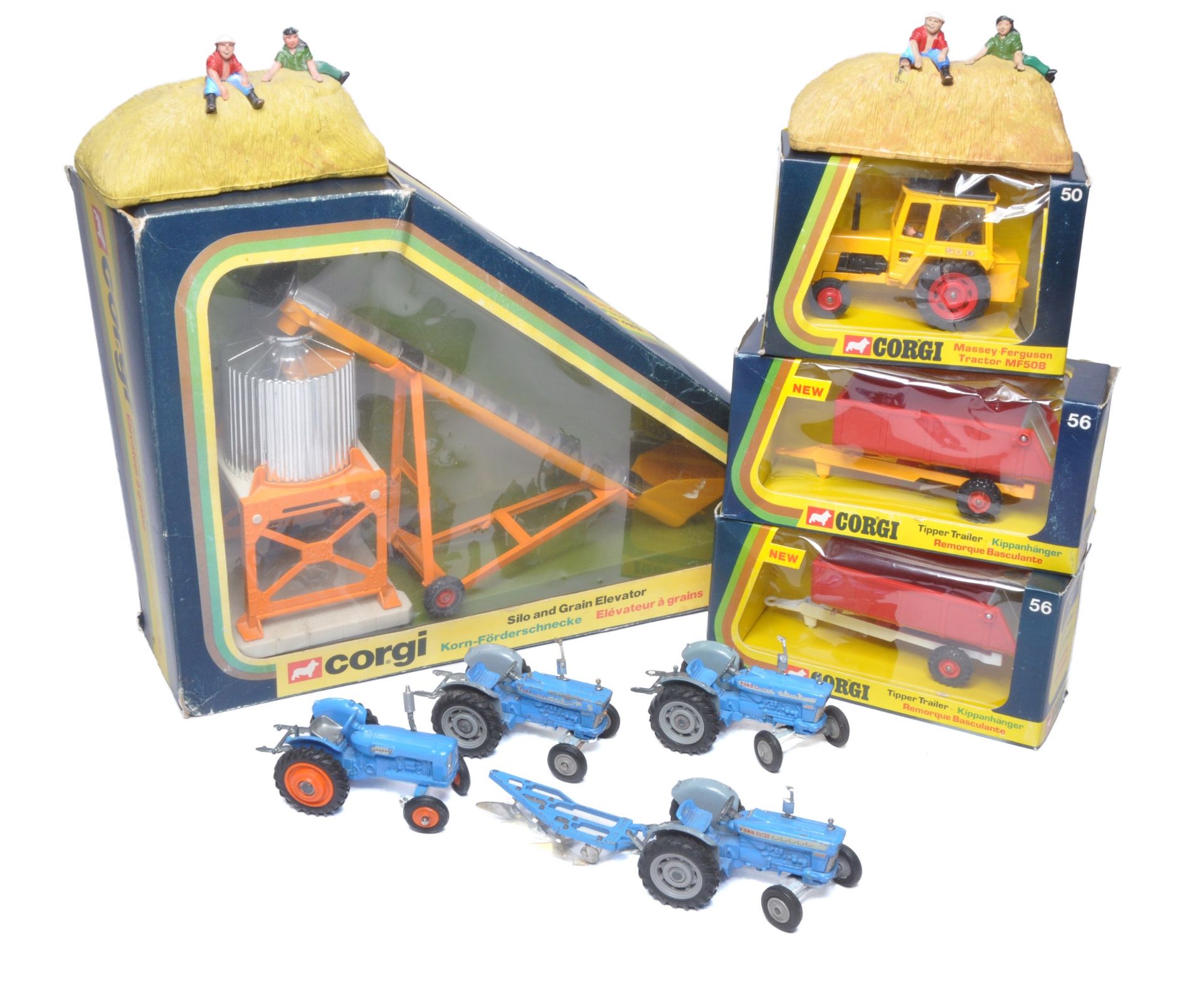 A group of Corgi farm toy issues including Silo Excavator Set, duo of trailers with colour