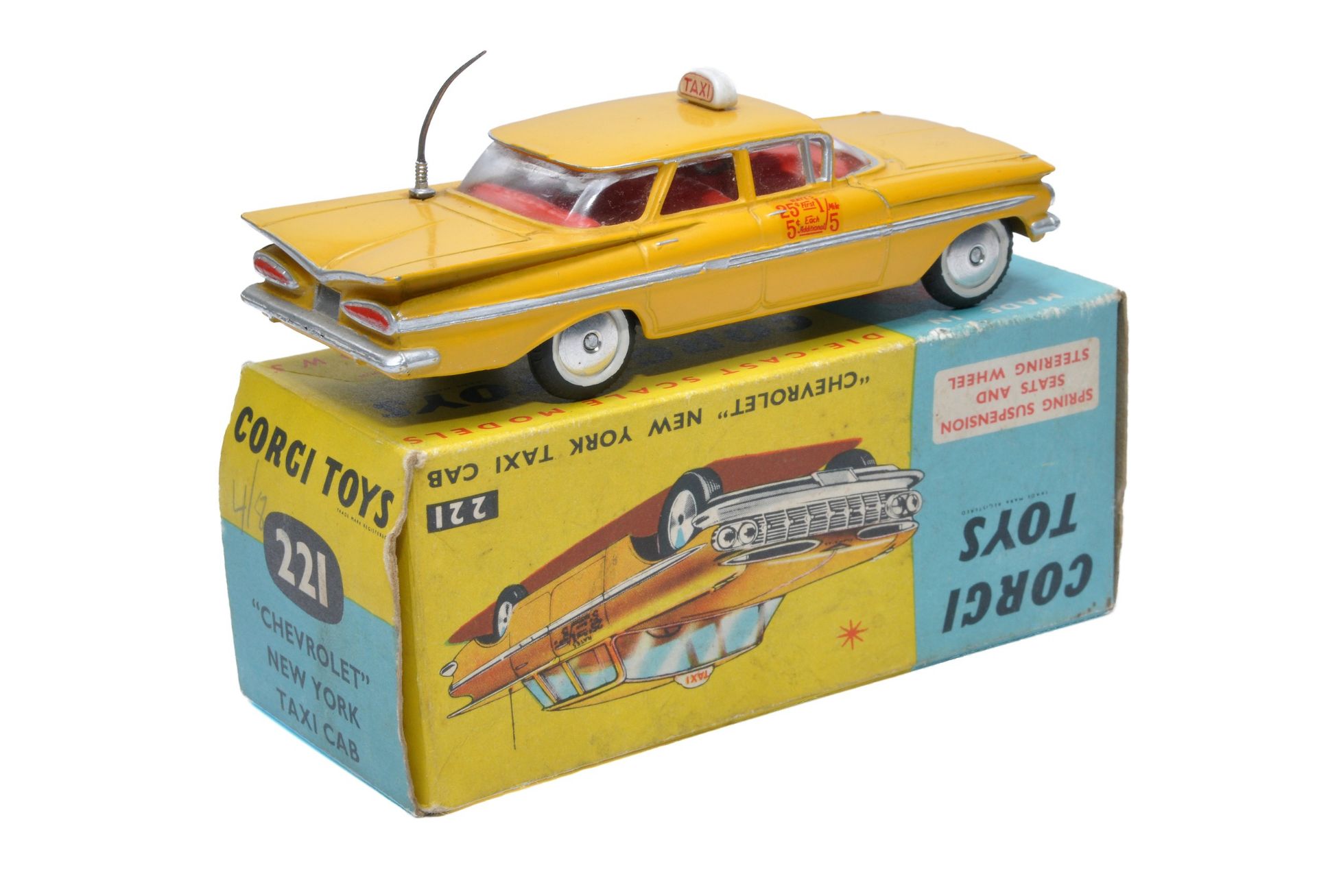 Corgi No. 221 Chevrolet New York Taxi Cab. Yellow / silver trim with red interior. Spun Hubs. - Image 2 of 2