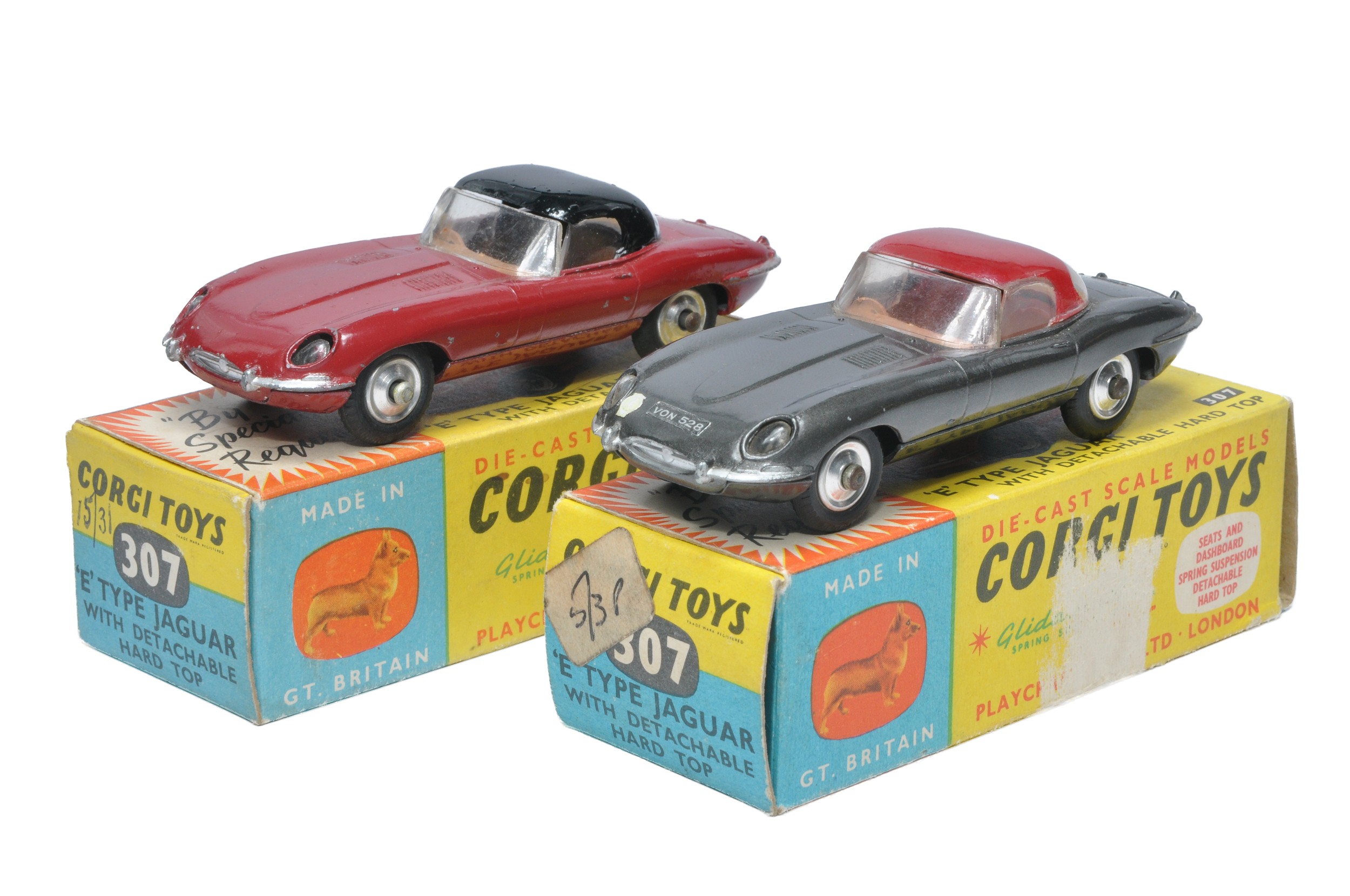 Corgi duo of No. 307 Jaguar E Type Hard Top issues (Colour variations as shown). Both display