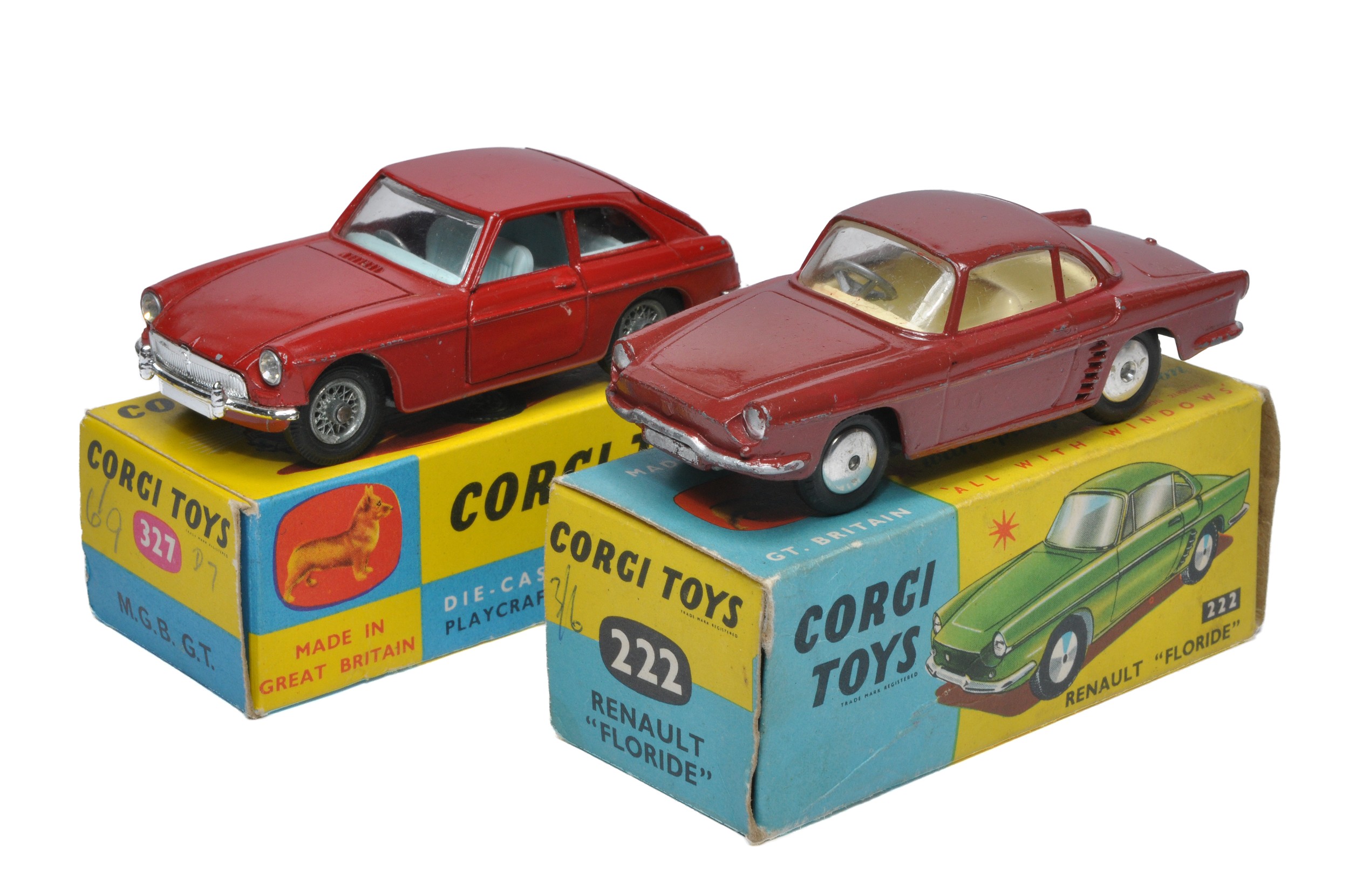 Corgi duo of No. 222 Renault Floride and No. 327 MGB GT. Both display generally good to very good.