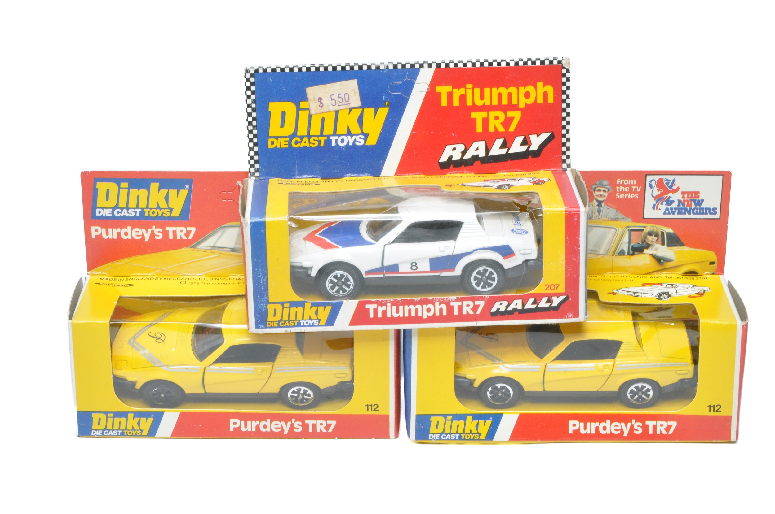 Dinky trio comprising No. 112 The New Avenger's Purdey's TR7, excellent in good and very good