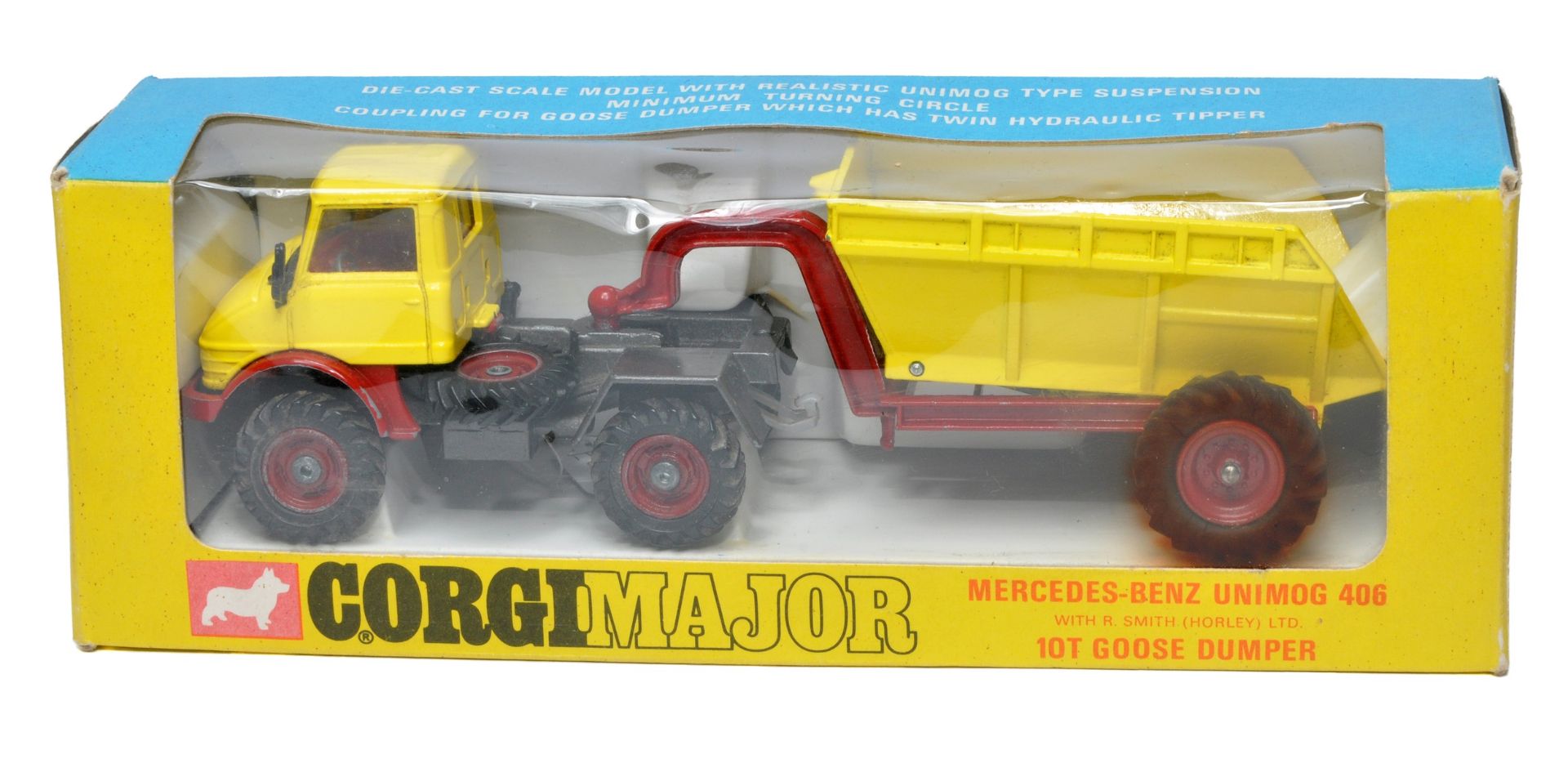 Corgi No. 1145 Major Pack Mercedes Benz Unimog 406 with Goose Trailer. Yellow, maroon, red interior.