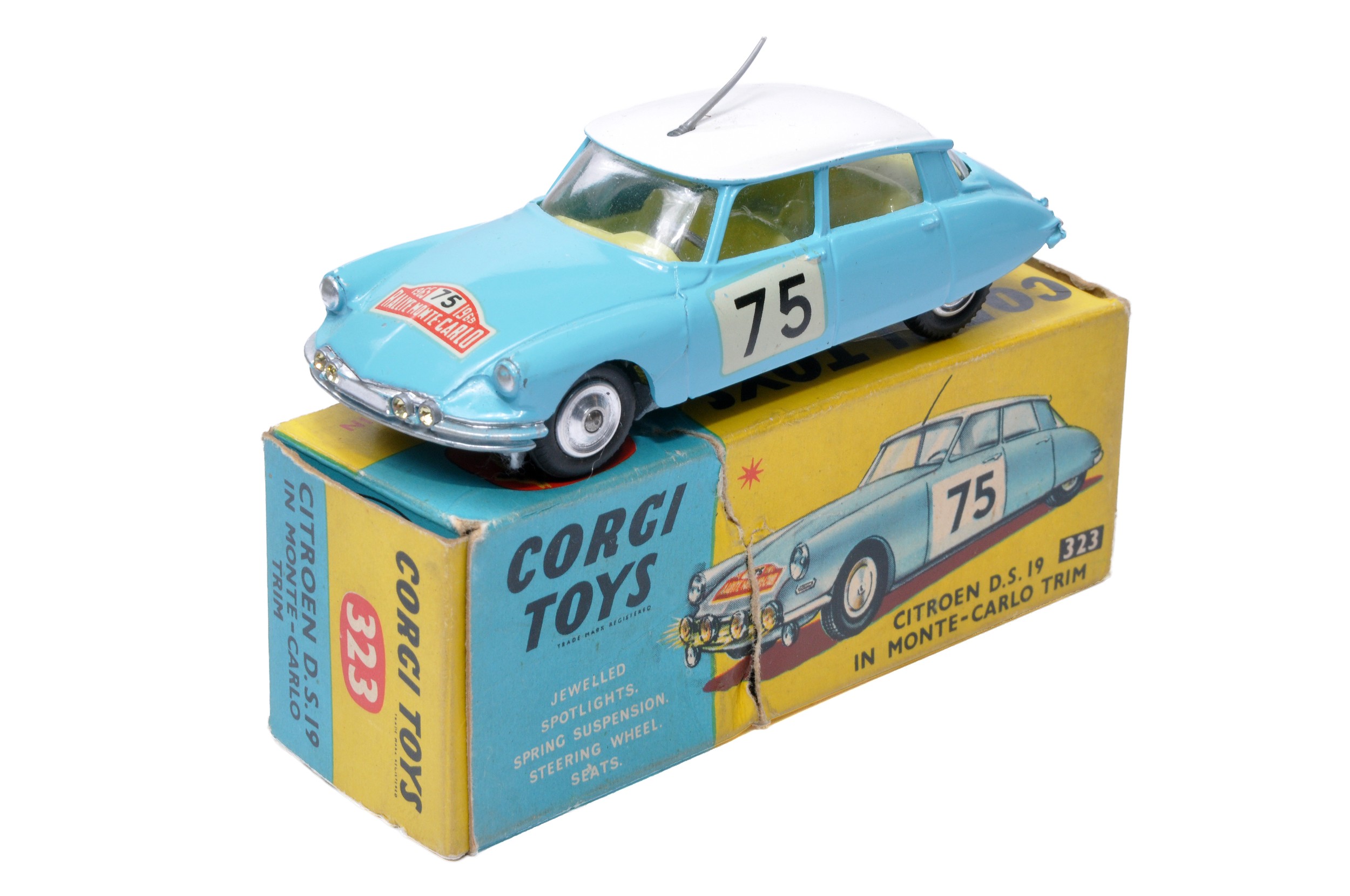 Corgi No. 323 Citroen DS19 Monte Carlo. Light blue / White with Lemon interior. Spun Hubs. Generally