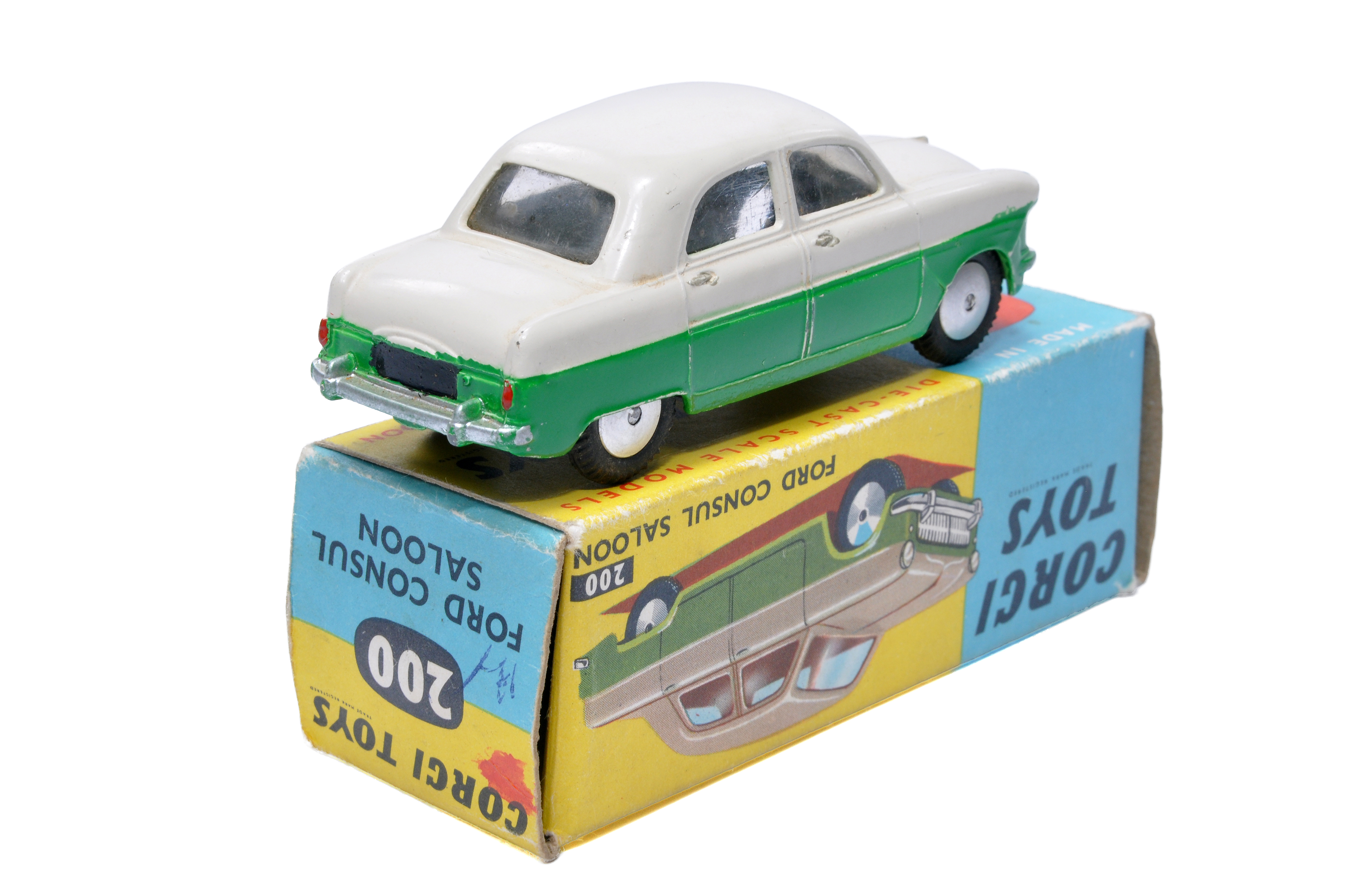 Corgi No. 200 Ford Consul Saloon. Two tone grey and green. Flat spun hubs. Generally displays - Image 2 of 2