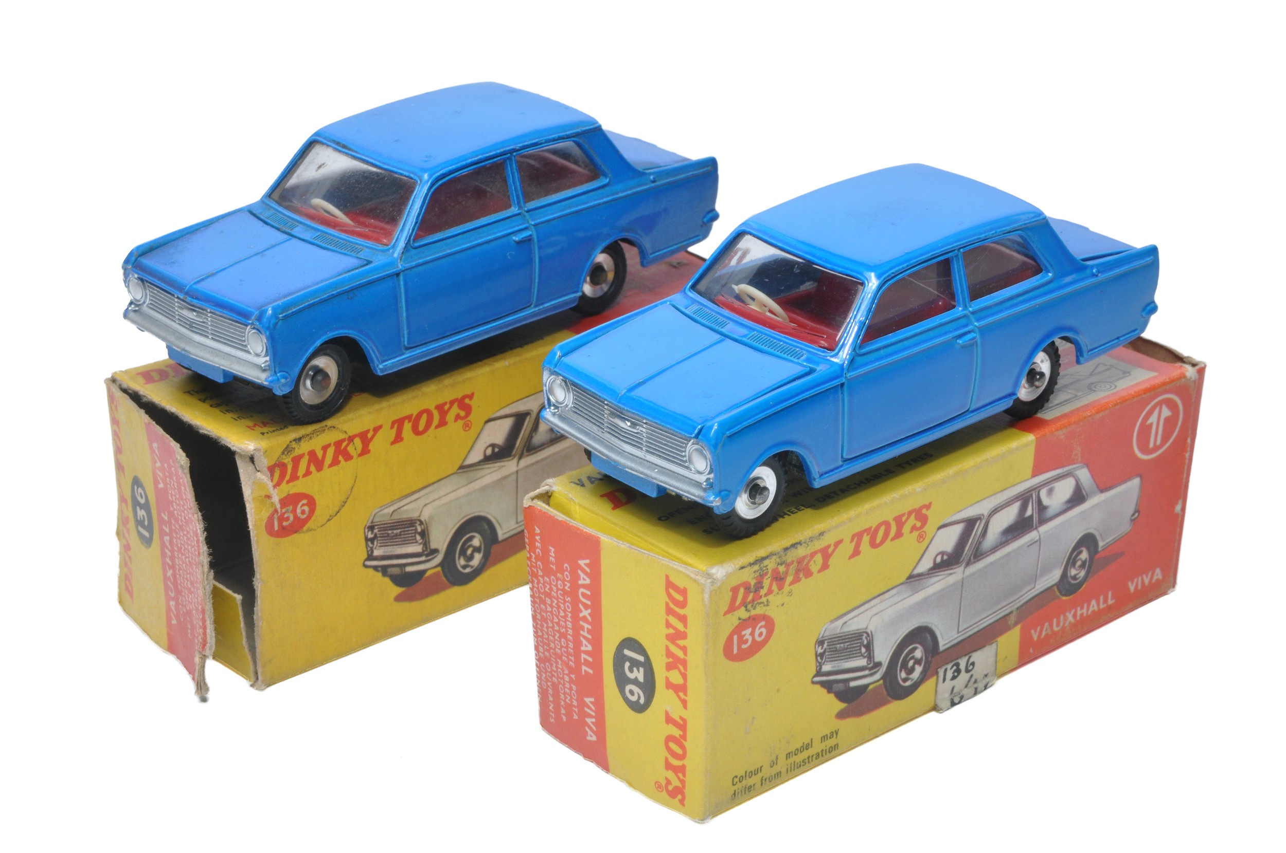 Dinky No. 136 Vauxhall Viva x 2. Both blue, although one is slightly darker shade with red interior.