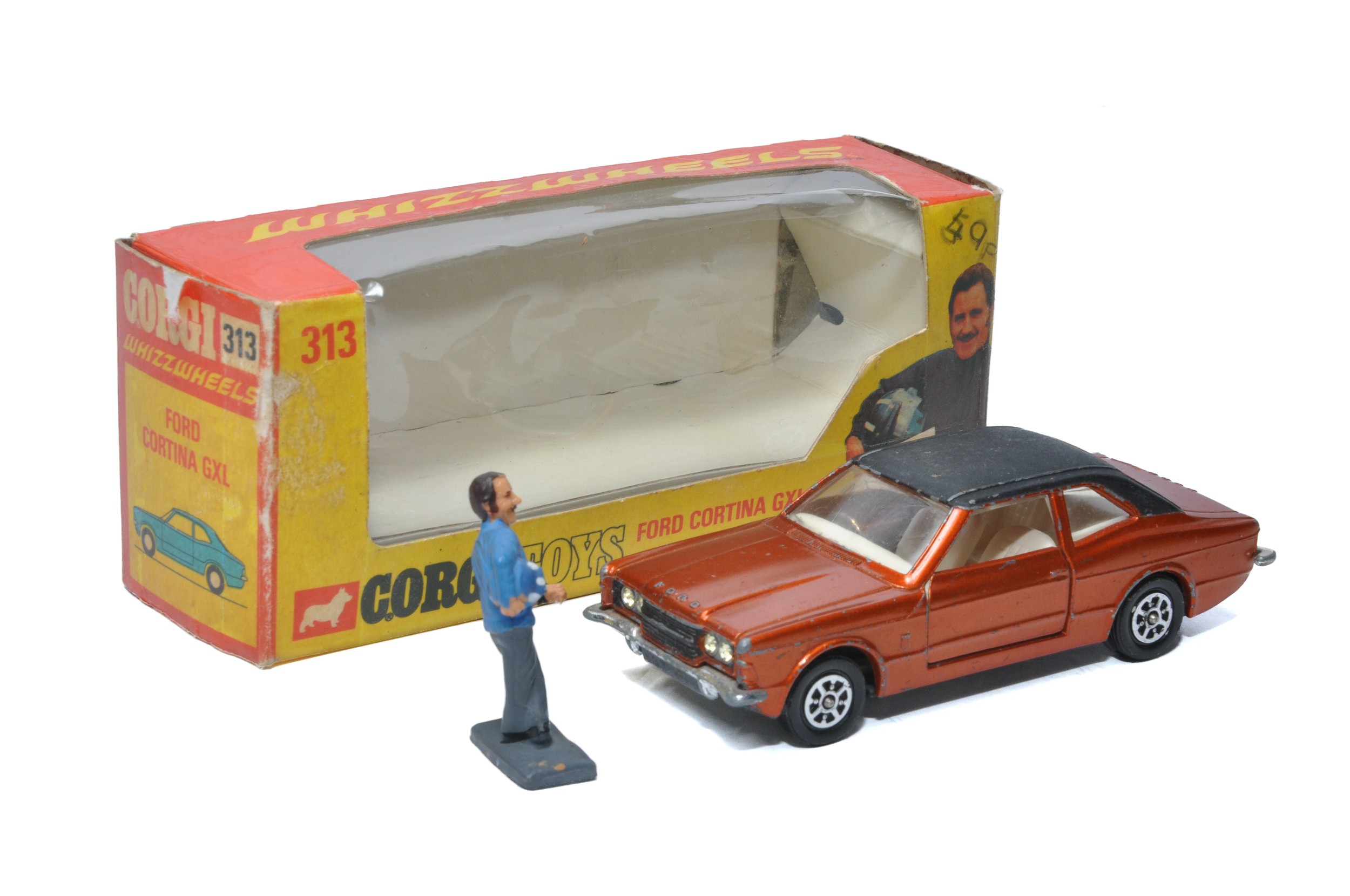 Corgi No. 313 Whizzwheels Ford Cortina GXL Graham Hill. Metallic bronze black with white interior.