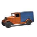 Dinky No. 22d pre-war delivery van. Orange and Blue, metal wheels. Displays generally good (for