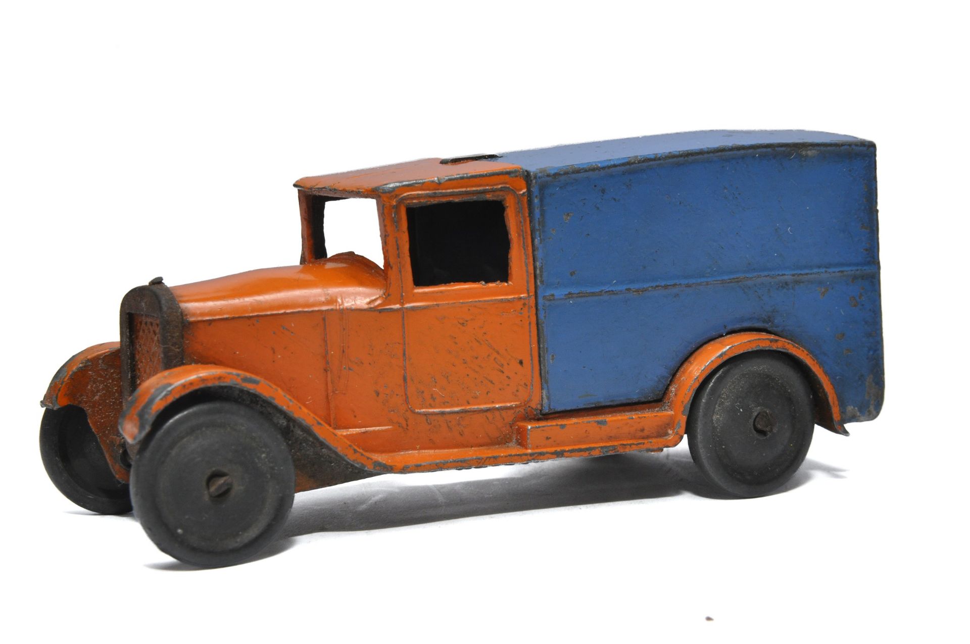 Dinky No. 22d pre-war delivery van. Orange and Blue, metal wheels. Displays generally good (for