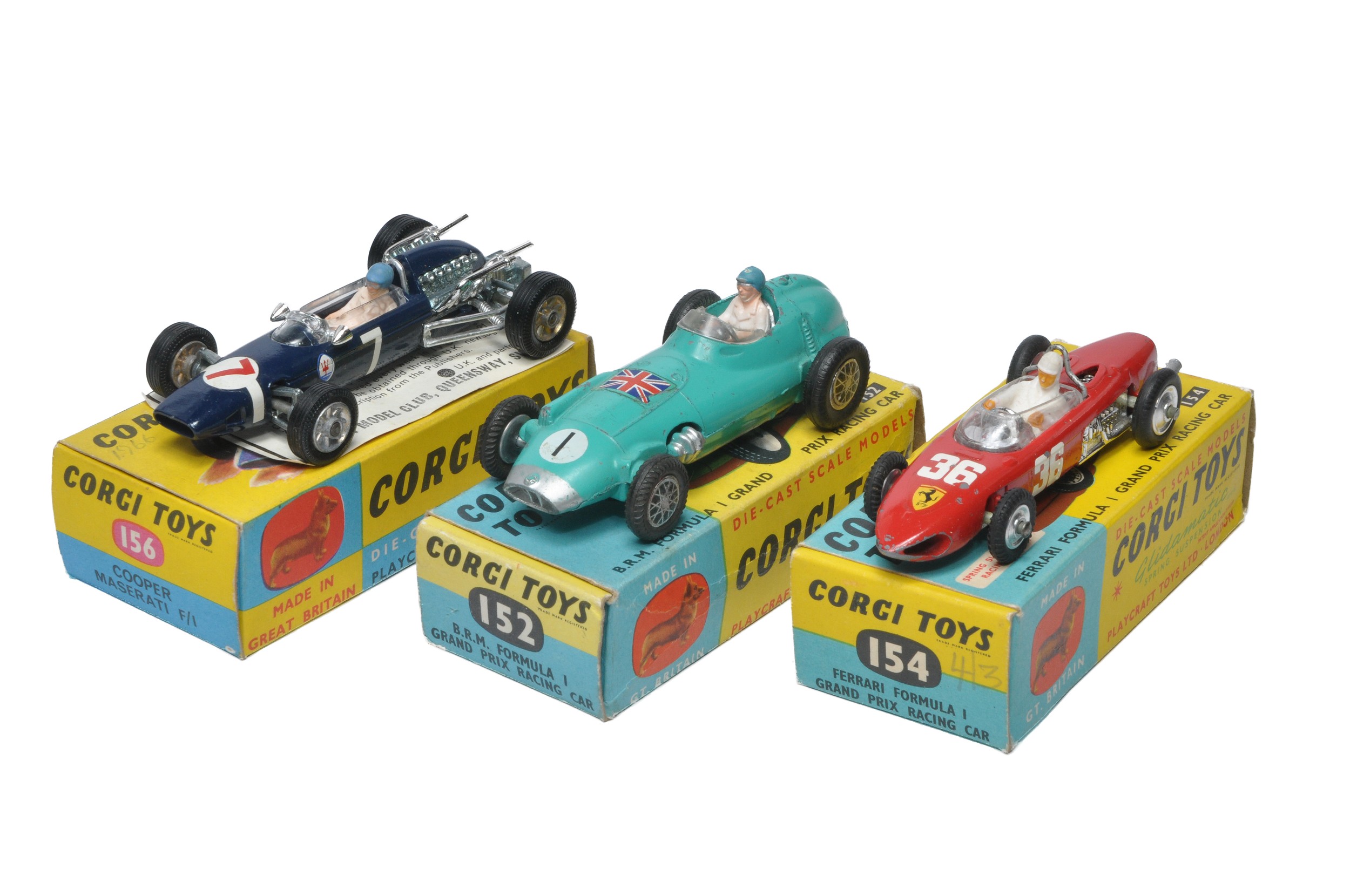 Corgi trio of Racing Cars comprising No. 152 BRM, No. 154 Ferrari and No. 156 Cooper Maserati.