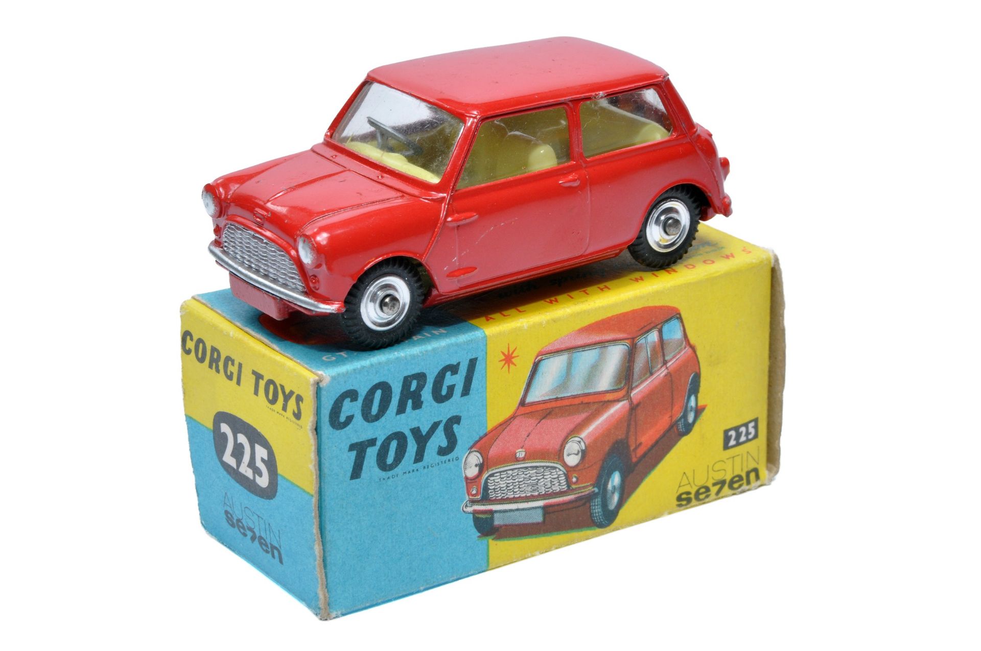 Corgi No. 225 Austin Seven Mini. Red with lemon interior. Spun Hubs. Generally Excellent, the odd