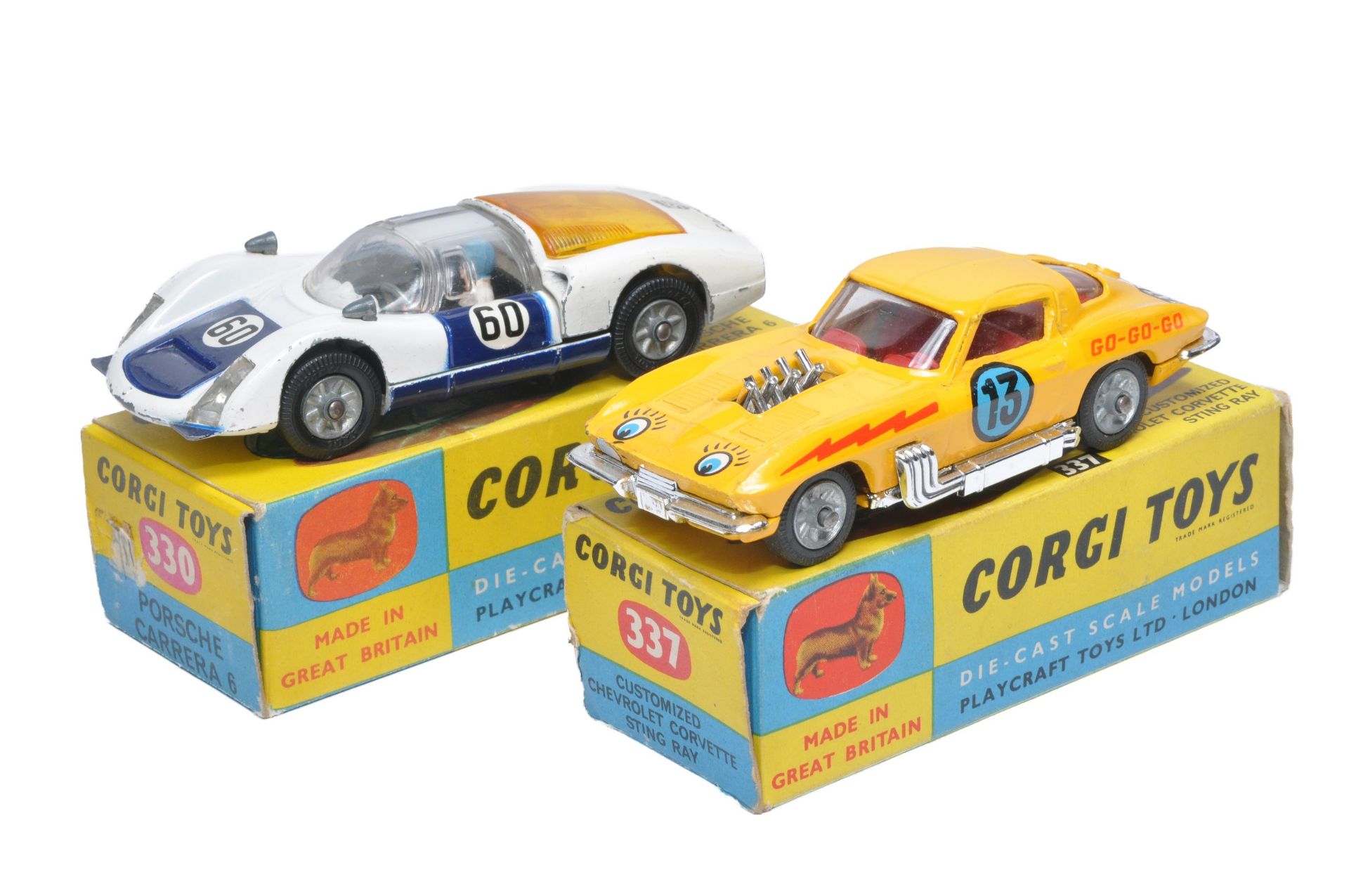 Corgi duo of No. 330 Porsche Carrera and No. 337 Customised Chevrolet Stingray. Both display