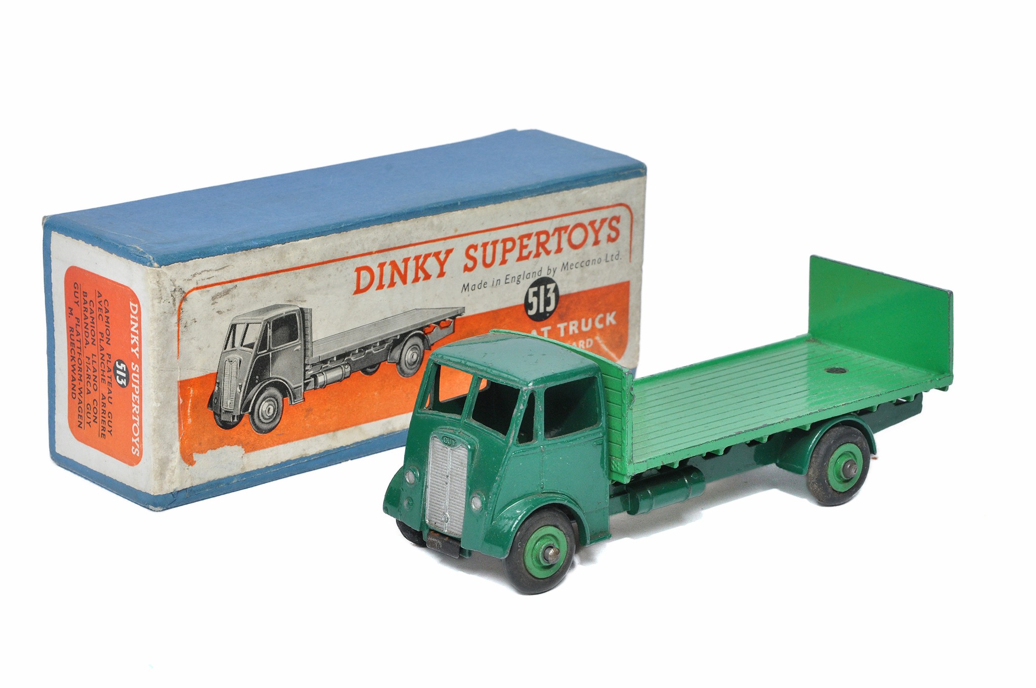 Dinky No. 513 Guy Flat Truck with Tailboard. Two tone green. Generally very good, some minor marks