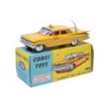 Corgi No. 221 Chevrolet New York Taxi Cab. Yellow / silver trim with red interior. Spun Hubs.