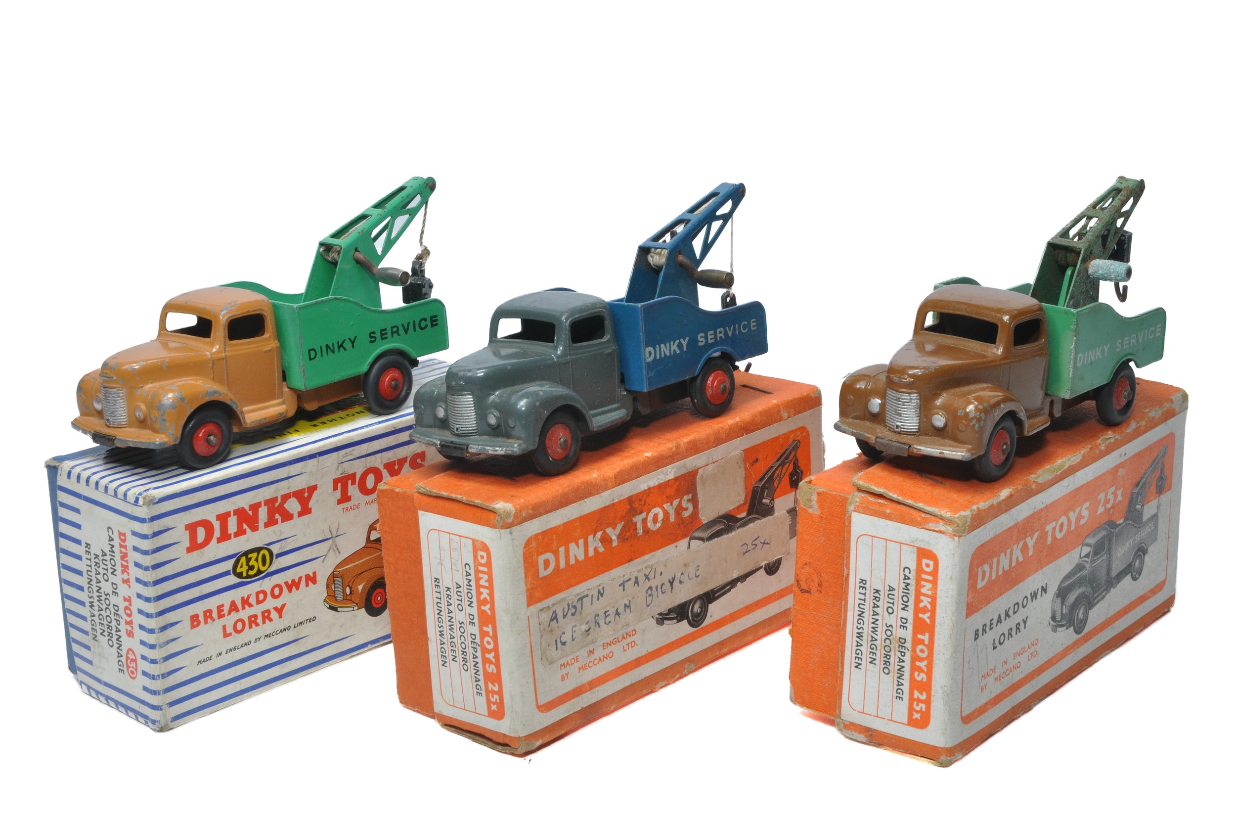 Dinky Trio of Commer Breakdown Trucks in 3 different colour variations as shown. Fair to good, the