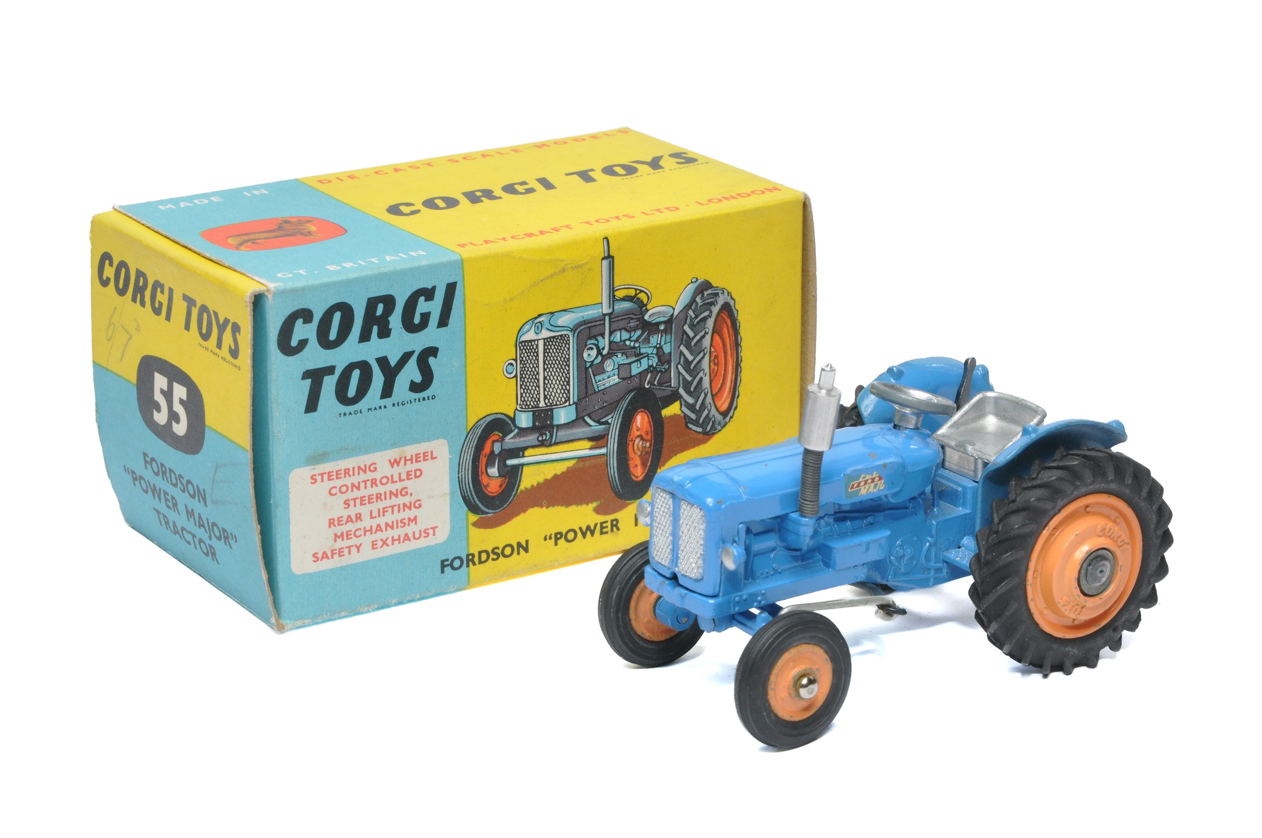 Corgi No. 55 Fordson Power Major Tractor. Blue, orange metal hubs. Displays good to very good, a few