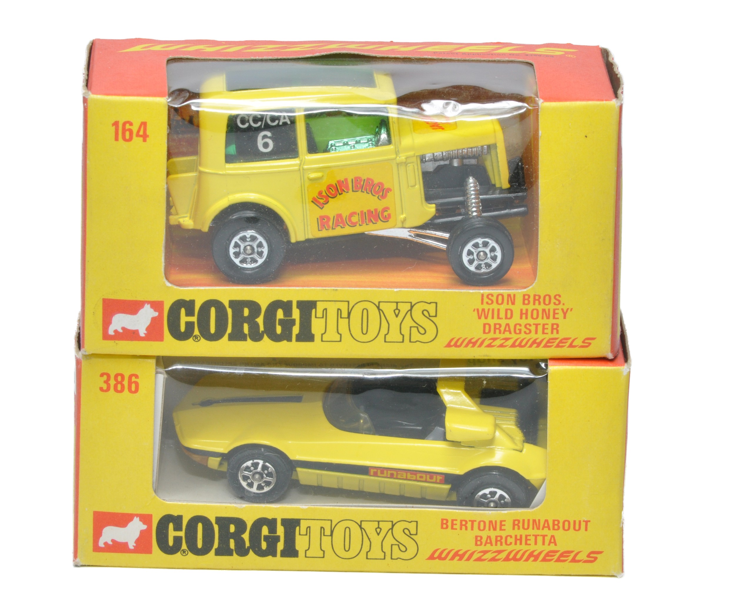 Corgi Whizzwheels duo comprising No. 164 Ison Bros Dragster plus No. 386 Bertone Rinabout. Both look